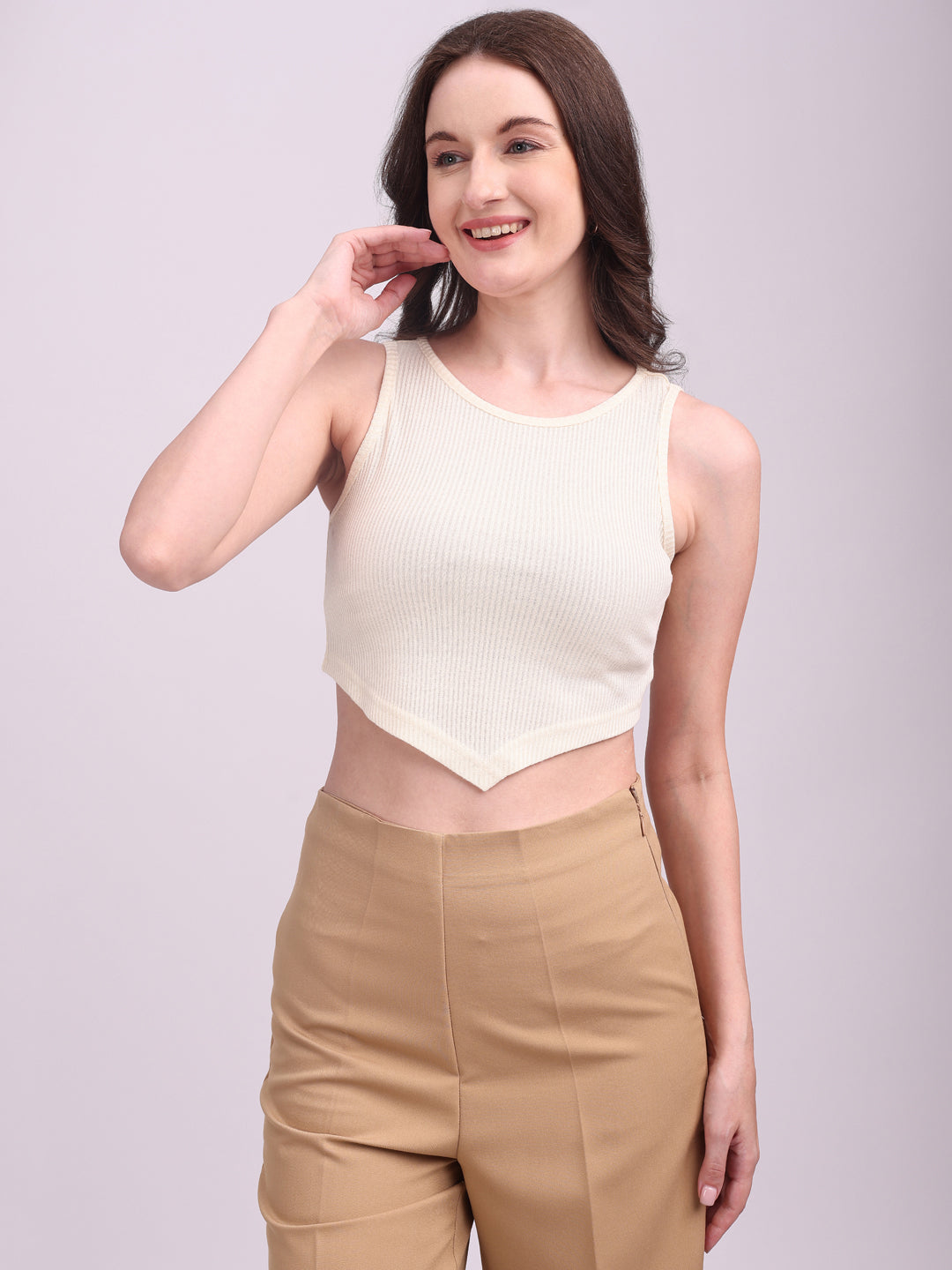 Ribbed V-Cut Tank Top Off White