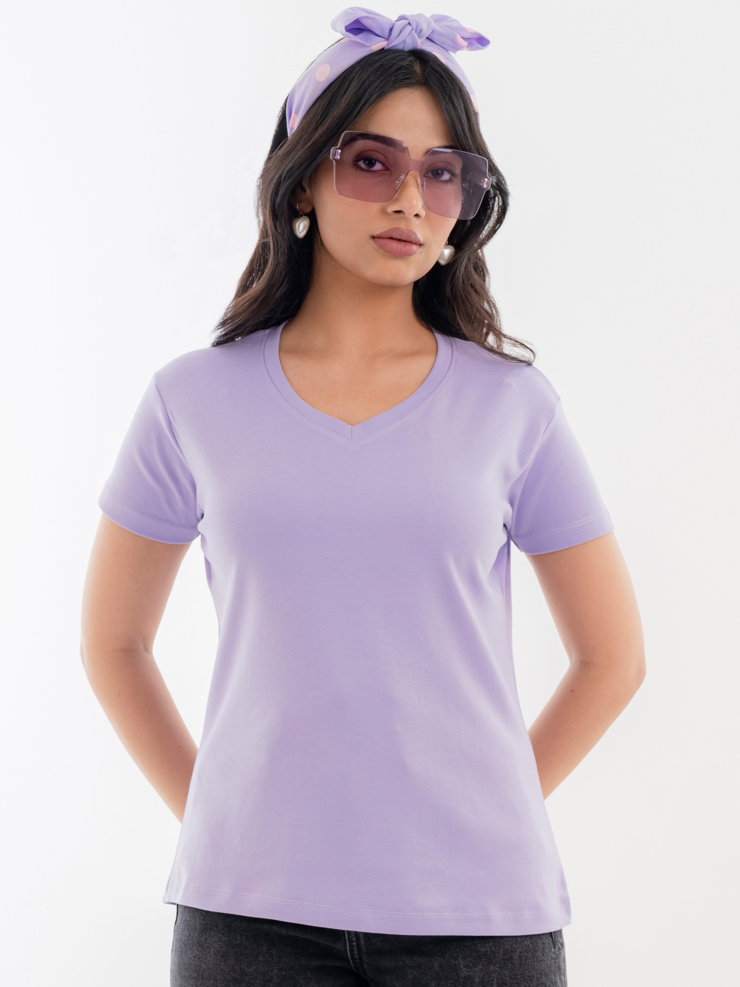 V Neck Cotton T-Shirt Lavender Front