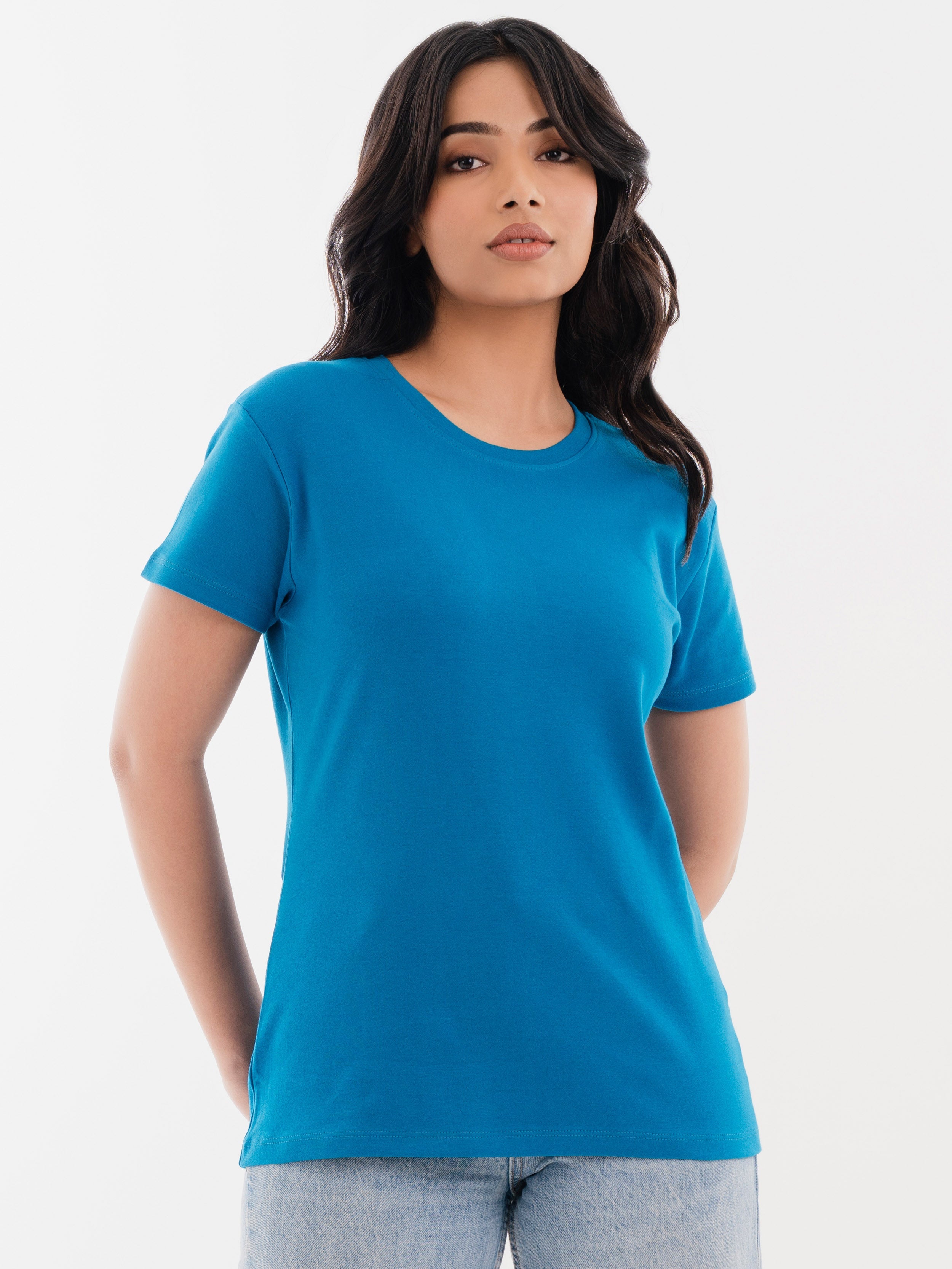 Crew Neck Cotton T-Shirt Ocean Blue Front