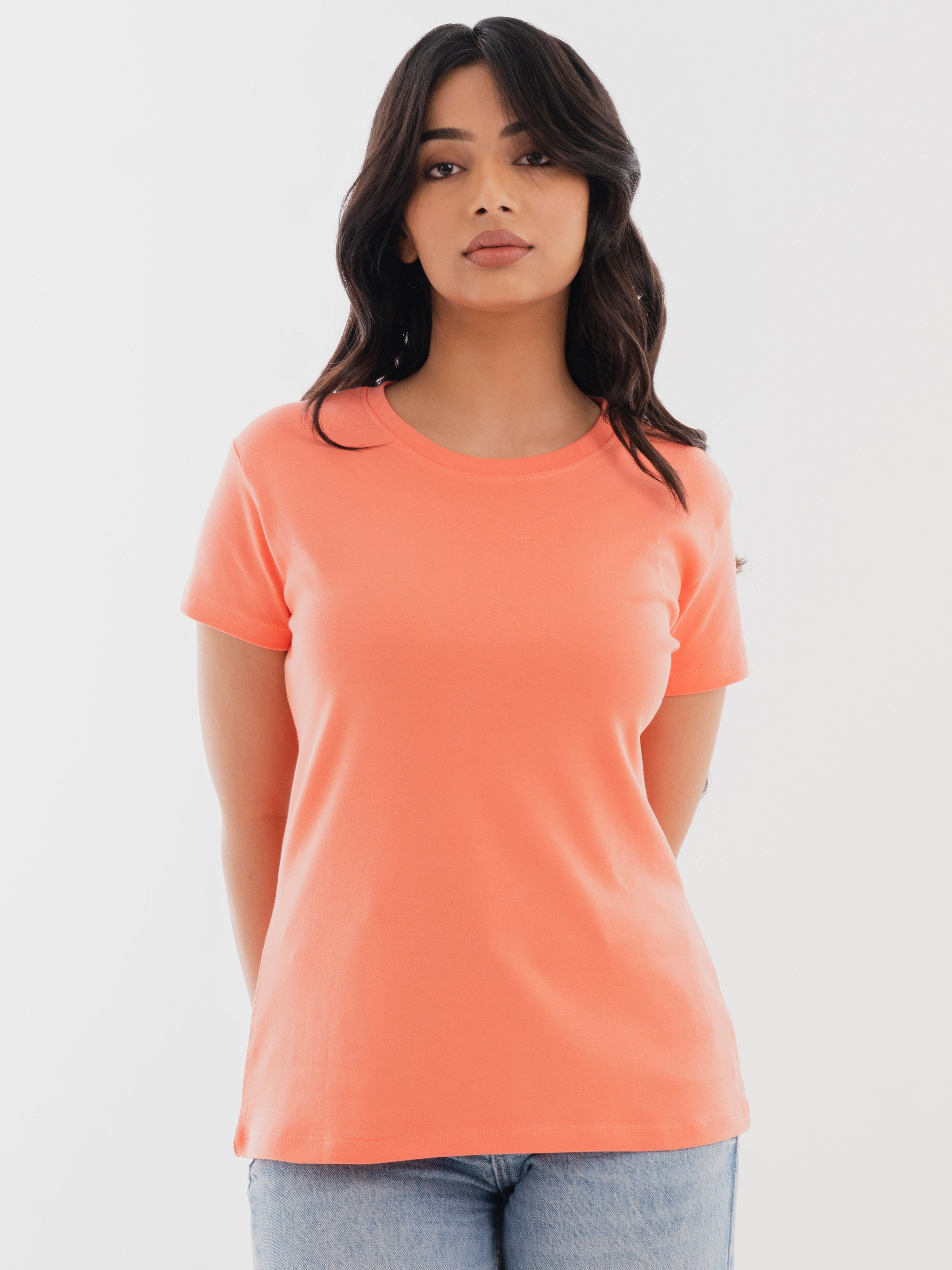 Crew Neck Cotton T-Shirt Coral Front