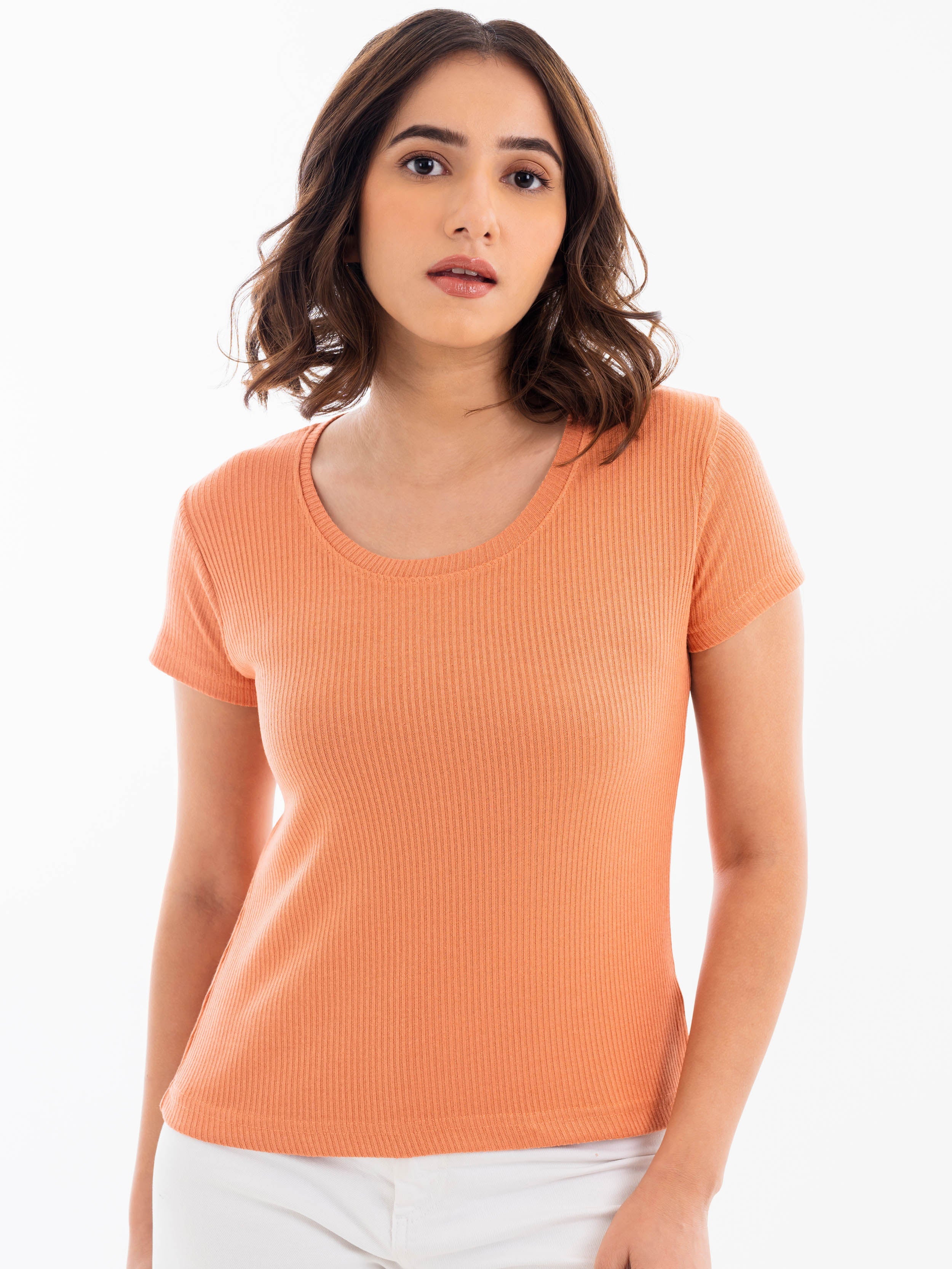 Scoop Neck Ribbed T-Shirt Orange Front