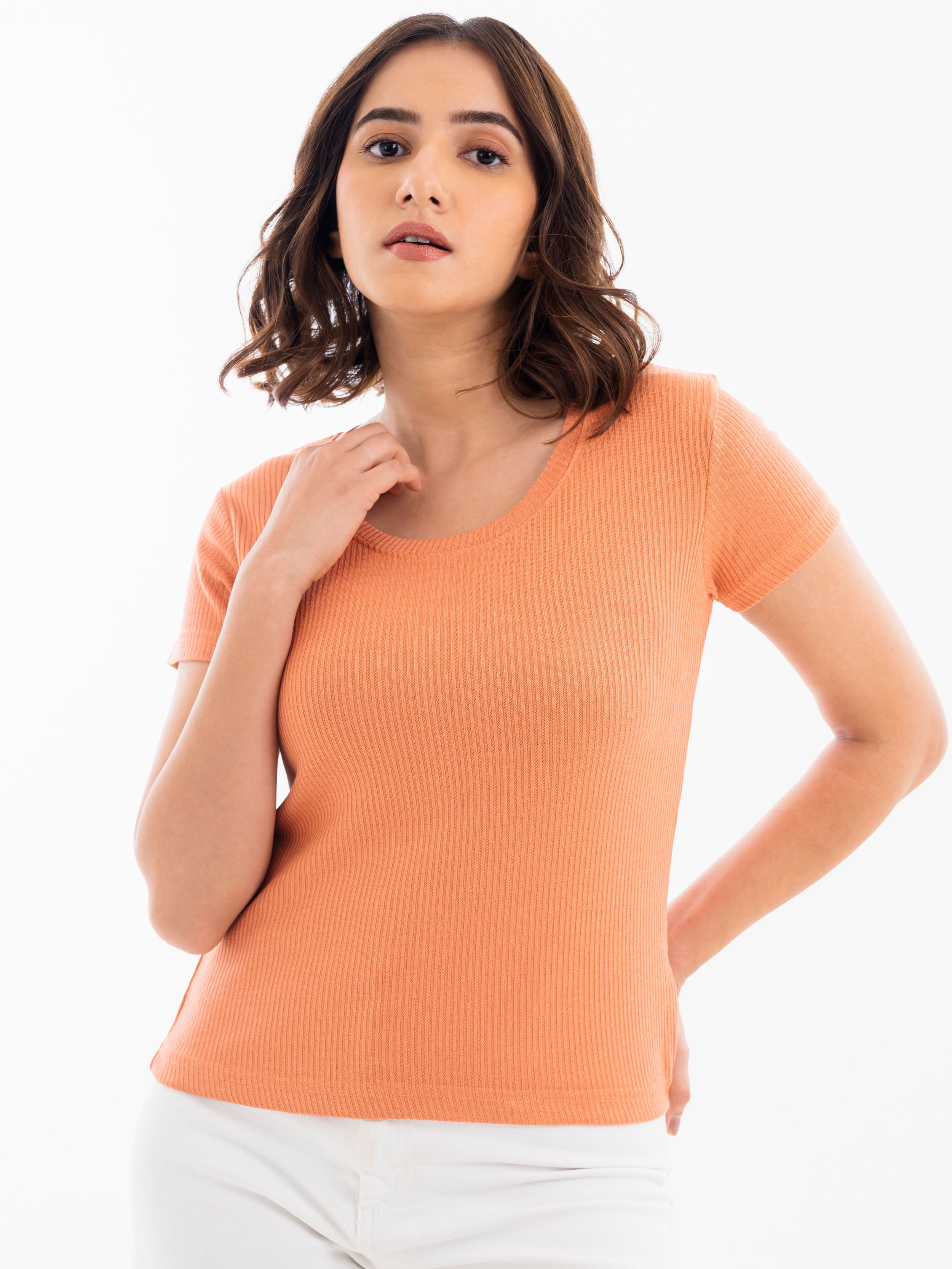 Scoop Neck Ribbed T-Shirt Orange Front