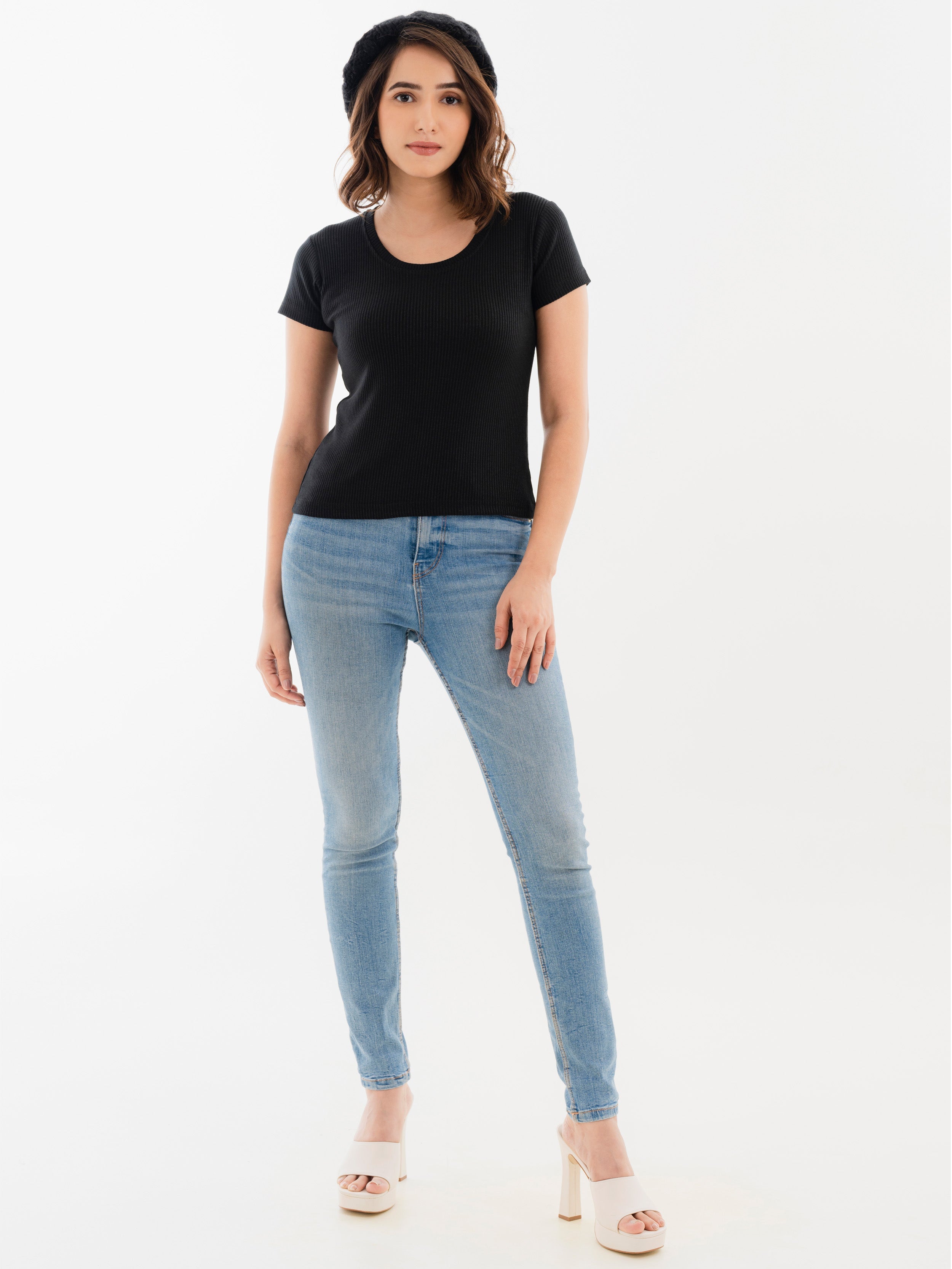 Scoop Neck Ribbed T-Shirt Black Full Front