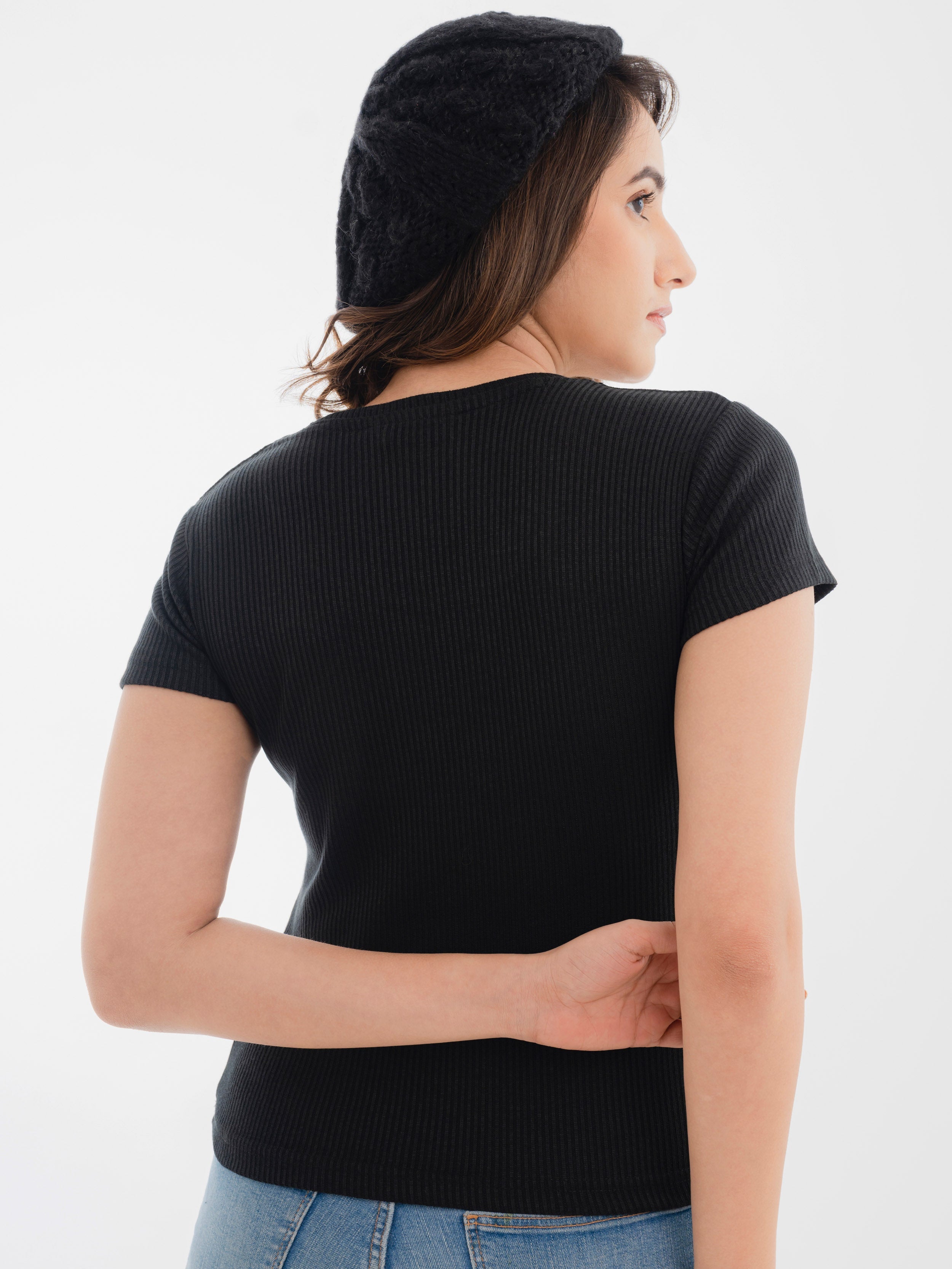 Scoop Neck Ribbed T-Shirt Black Back