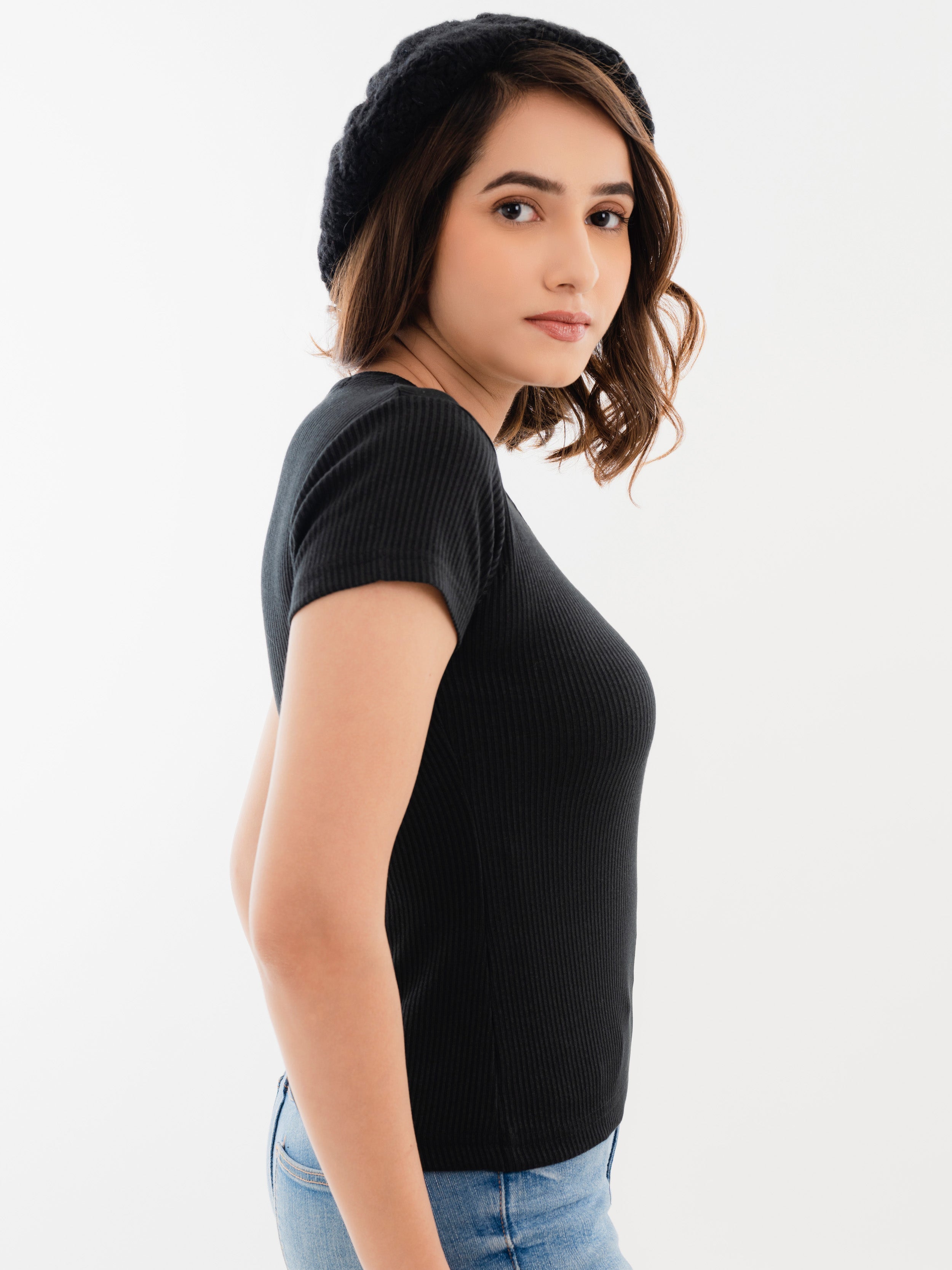 Scoop Neck Ribbed T-Shirt Black Side