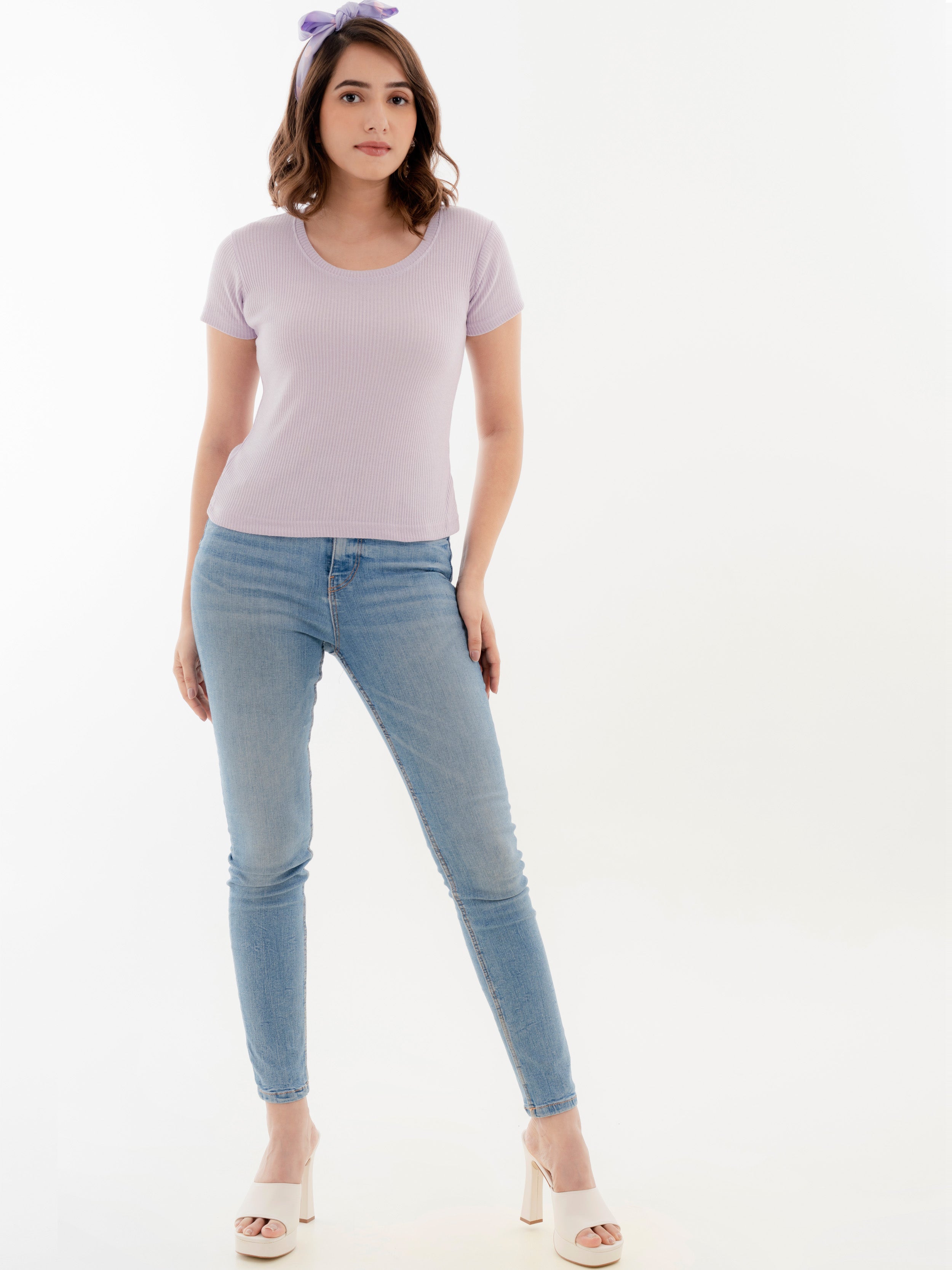 Scoop Neck Ribbed T-Shirt Lilac Full Front