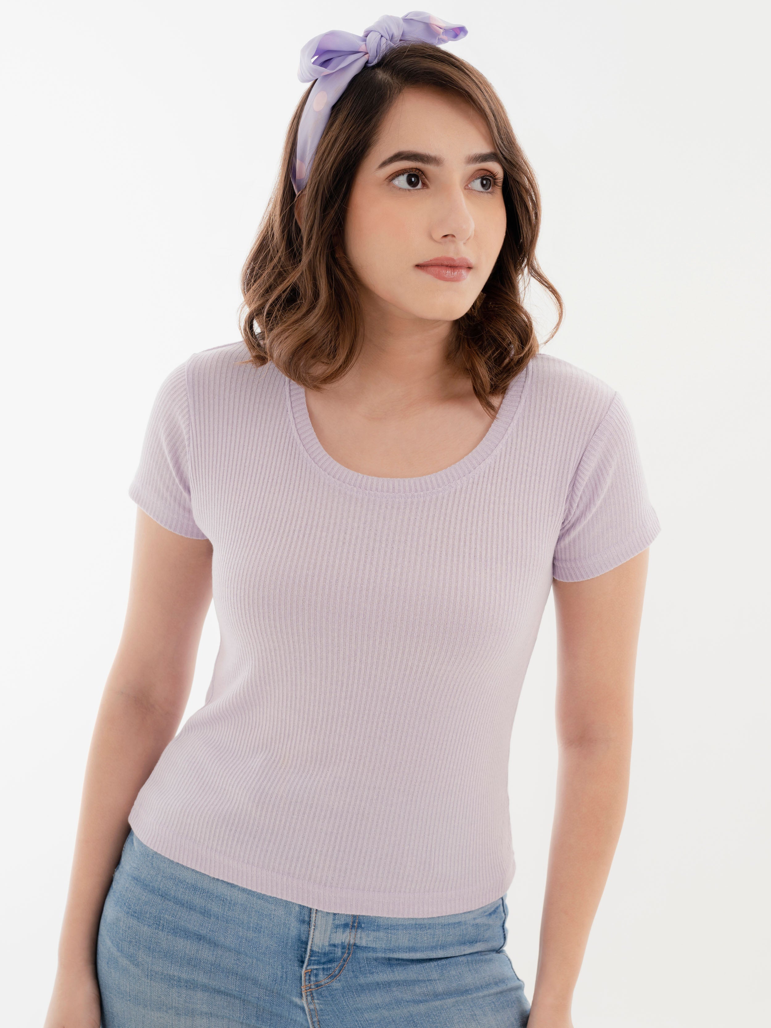 Scoop Neck Ribbed T-Shirt Lilac Front