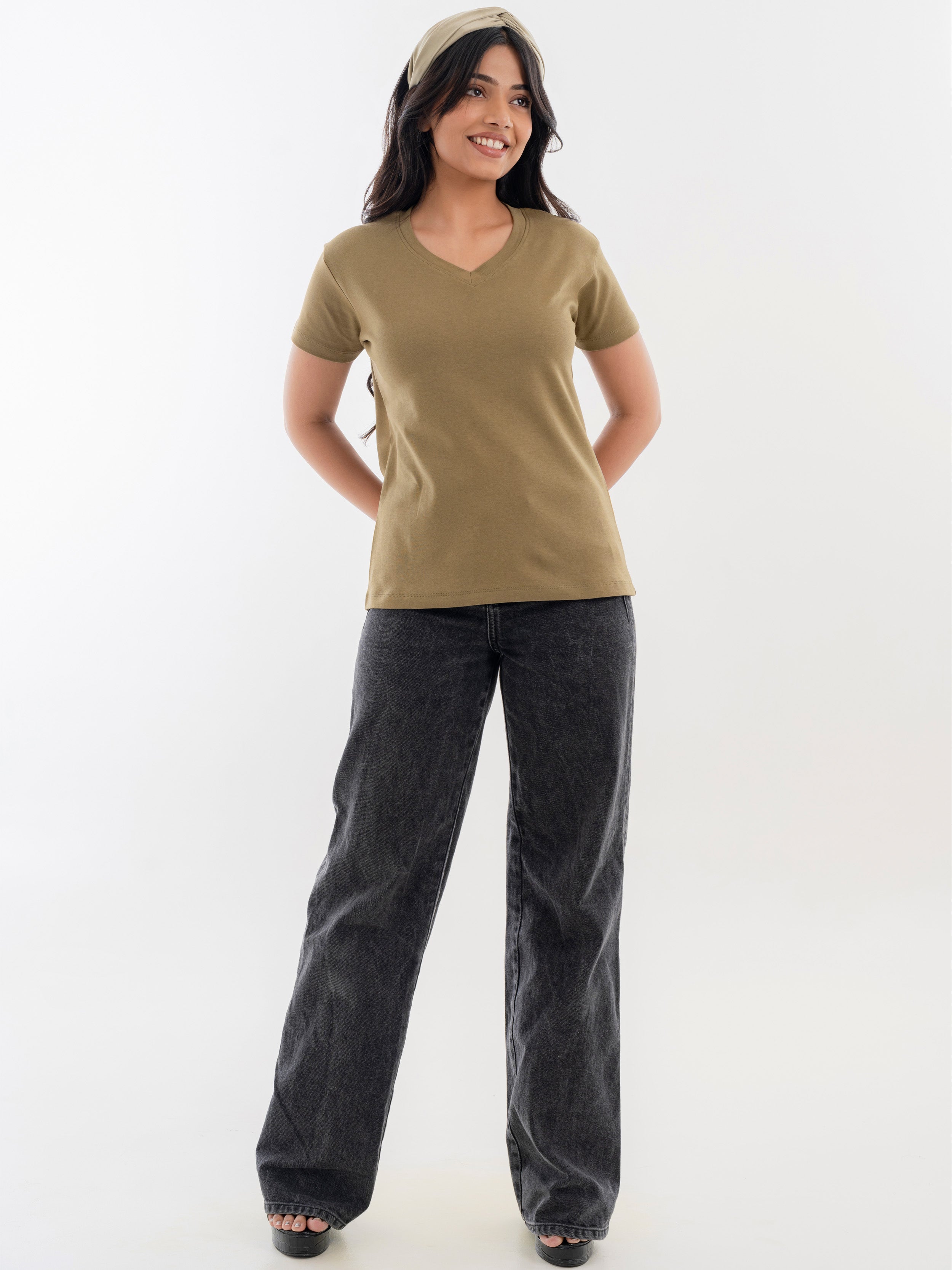 V Neck Cotton T-Shirt Pale Olive Green Full Front