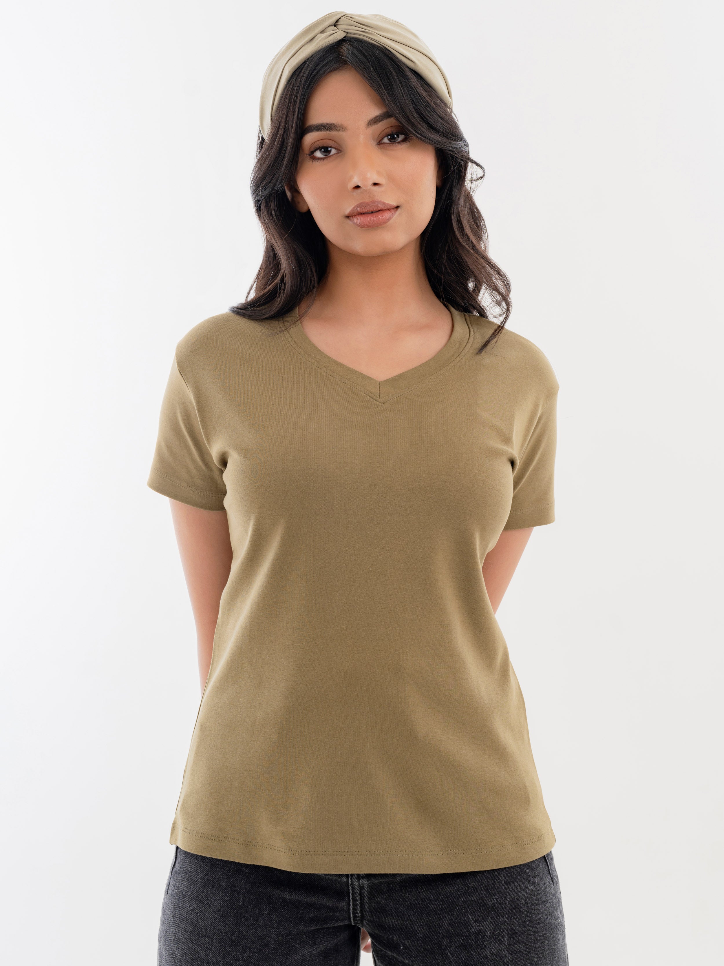 V Neck Cotton T-Shirt Pale Olive Green Front