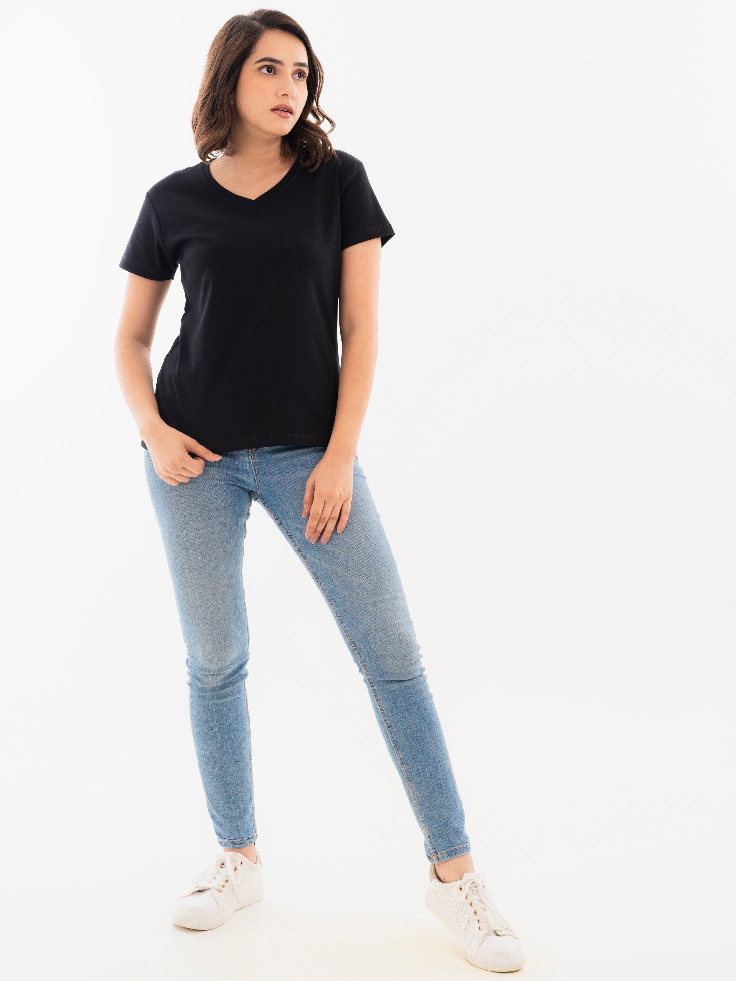 V Neck Cotton T-Shirt Black Full Front