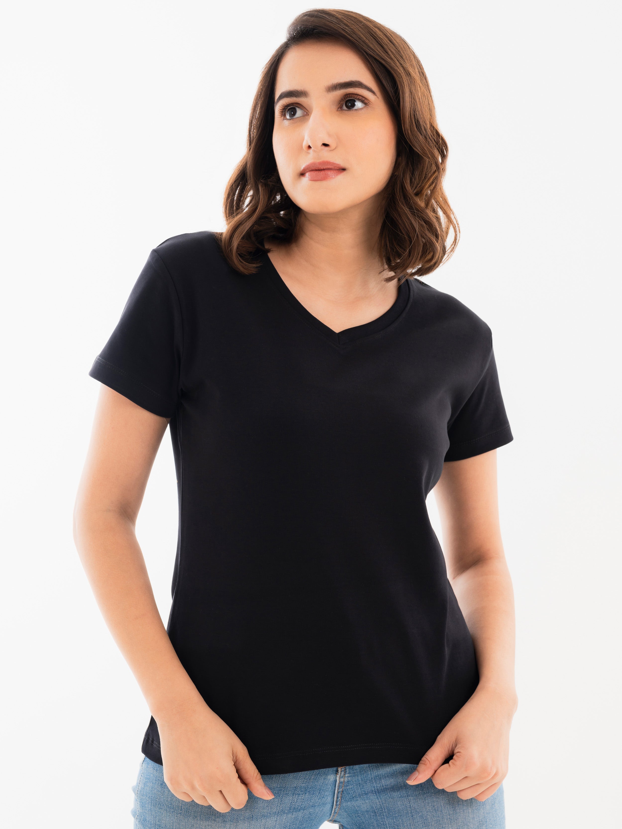 V Neck Cotton T-Shirt Black Front