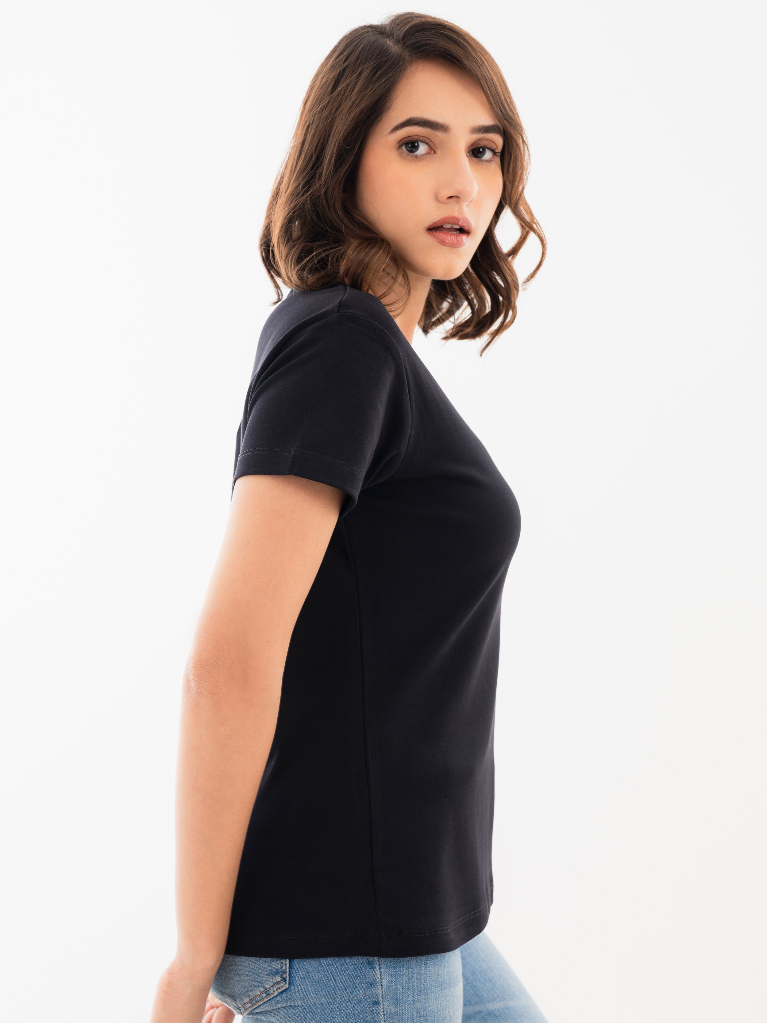 V Neck Cotton T-Shirt Black SIde