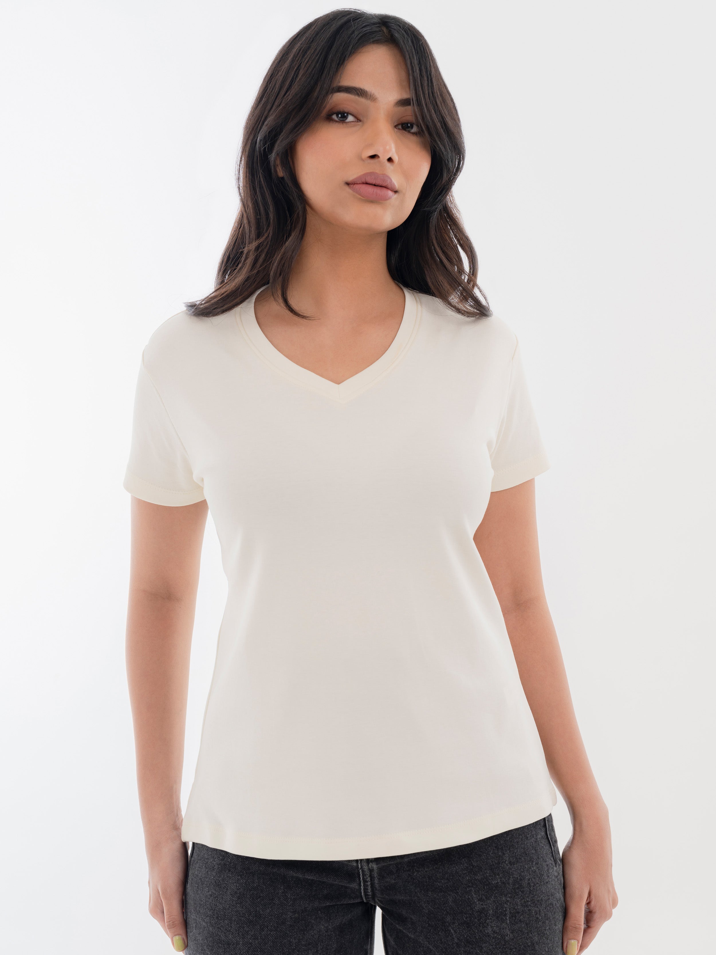 V Neck Cotton T-Shirt White Front