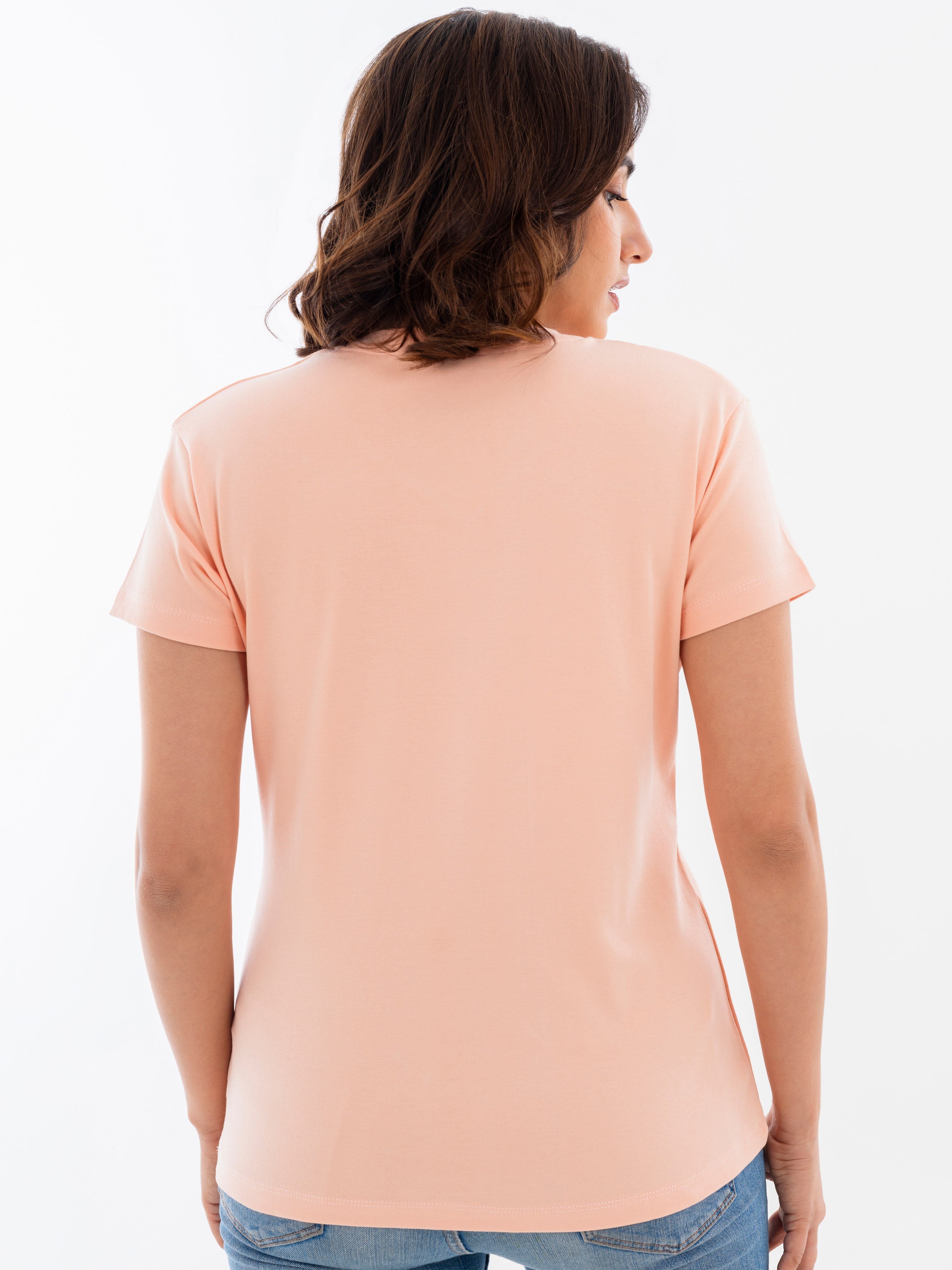 V Neck Cotton T-Shirt Peach Back