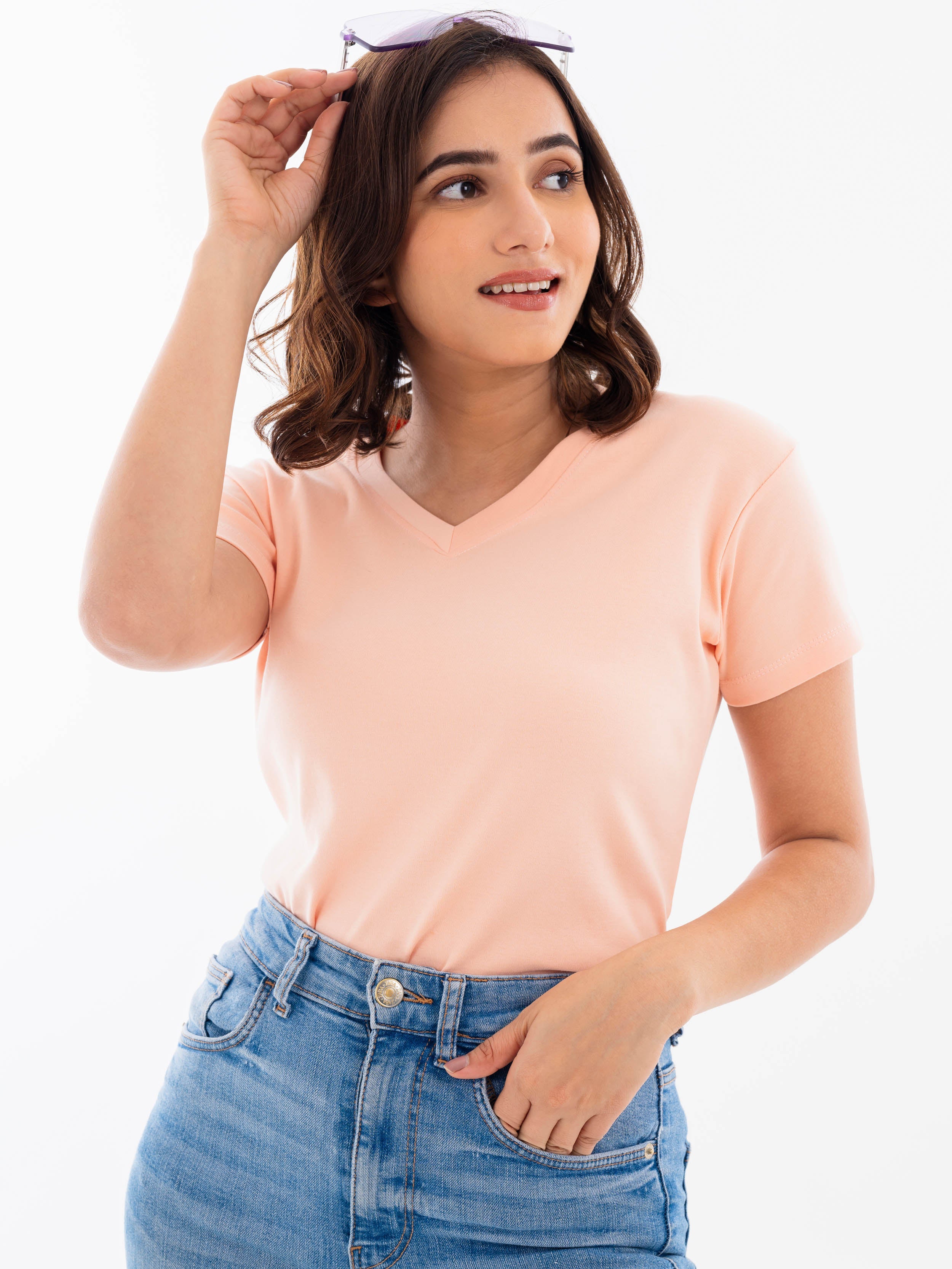 V Neck Cotton T-Shirt Peach Styling