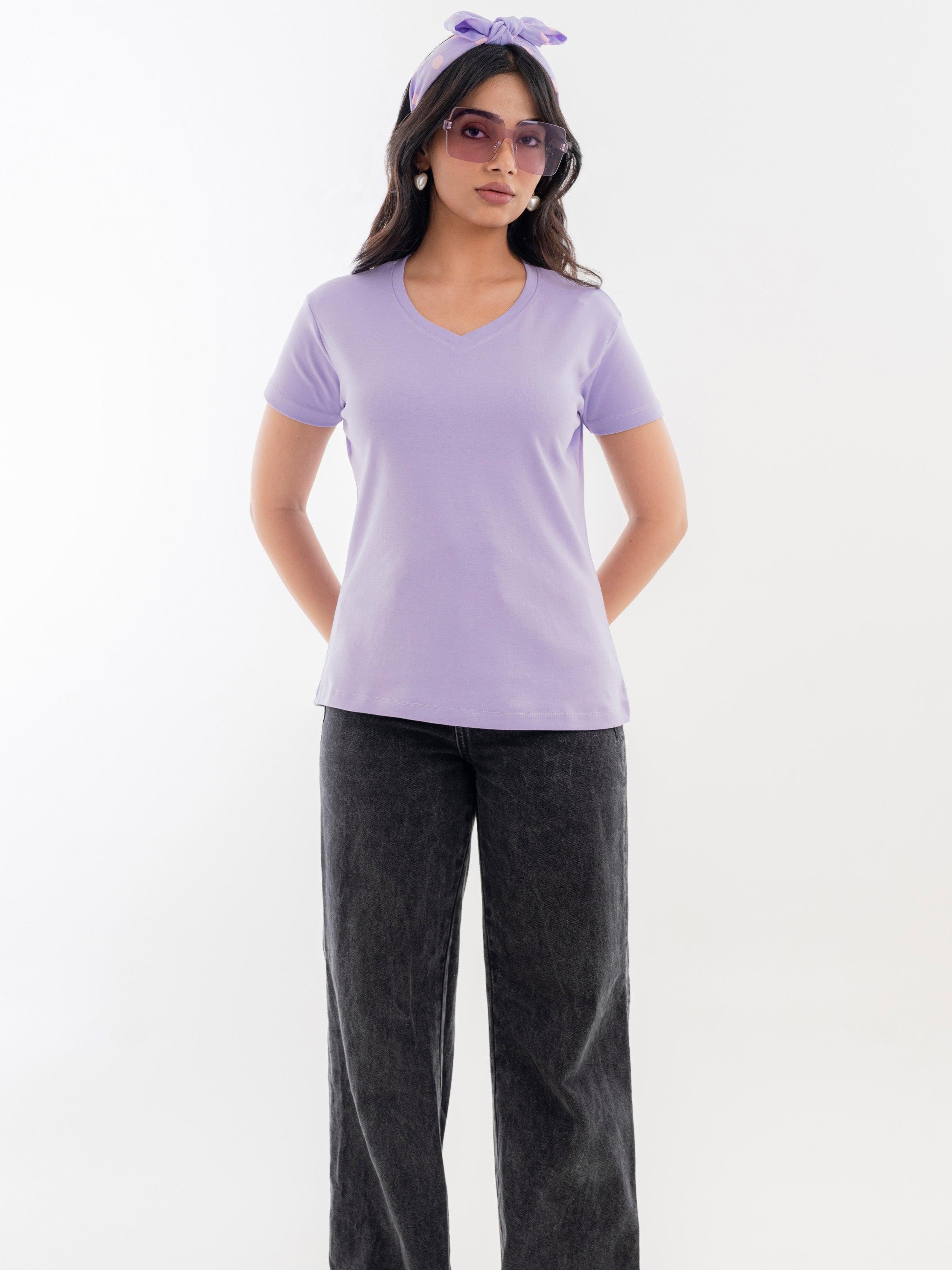 V Neck Cotton T-Shirt Lavender Full Front