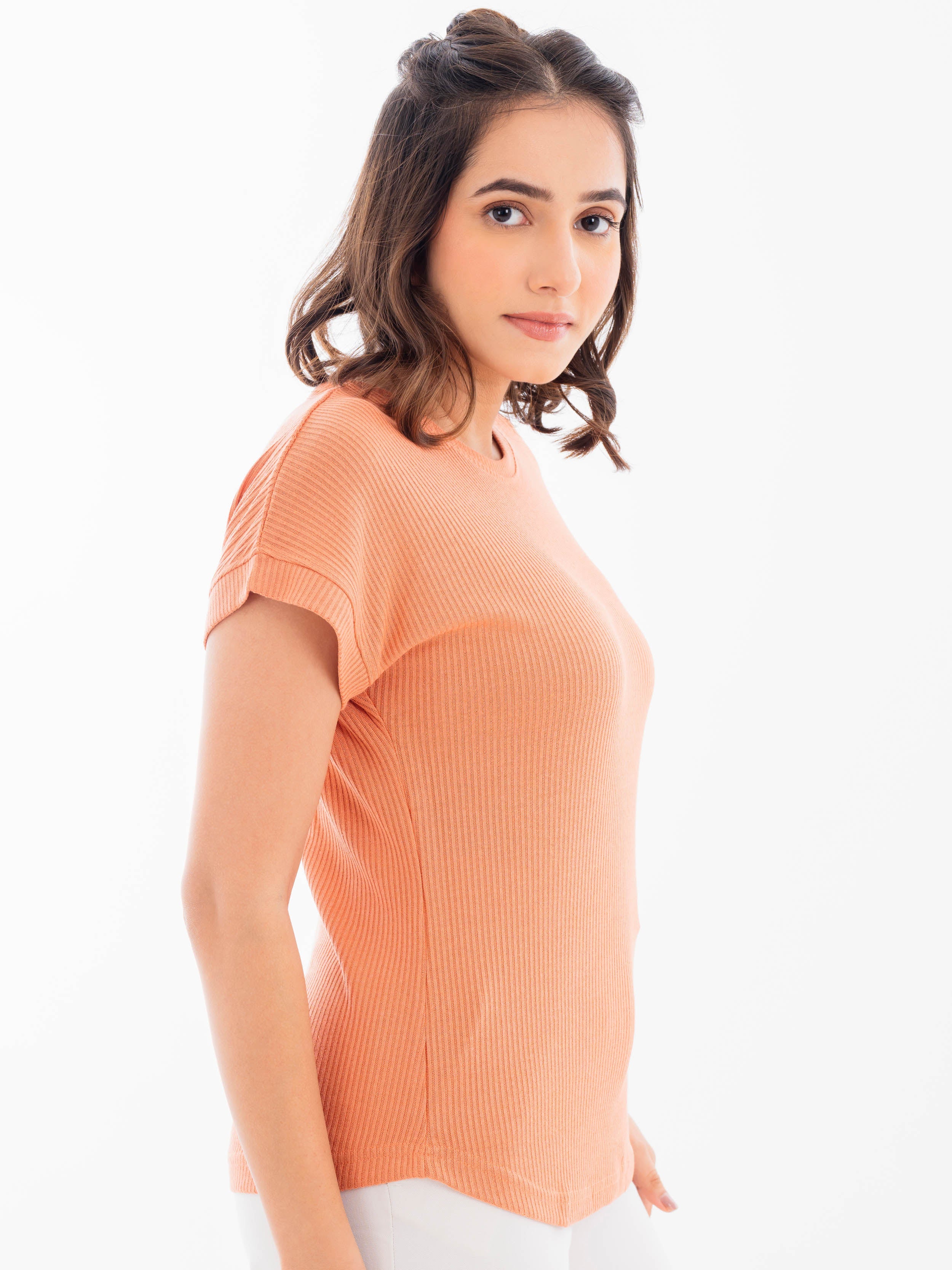 Drop Shoulder Ribbed T-Shirt Orange Side