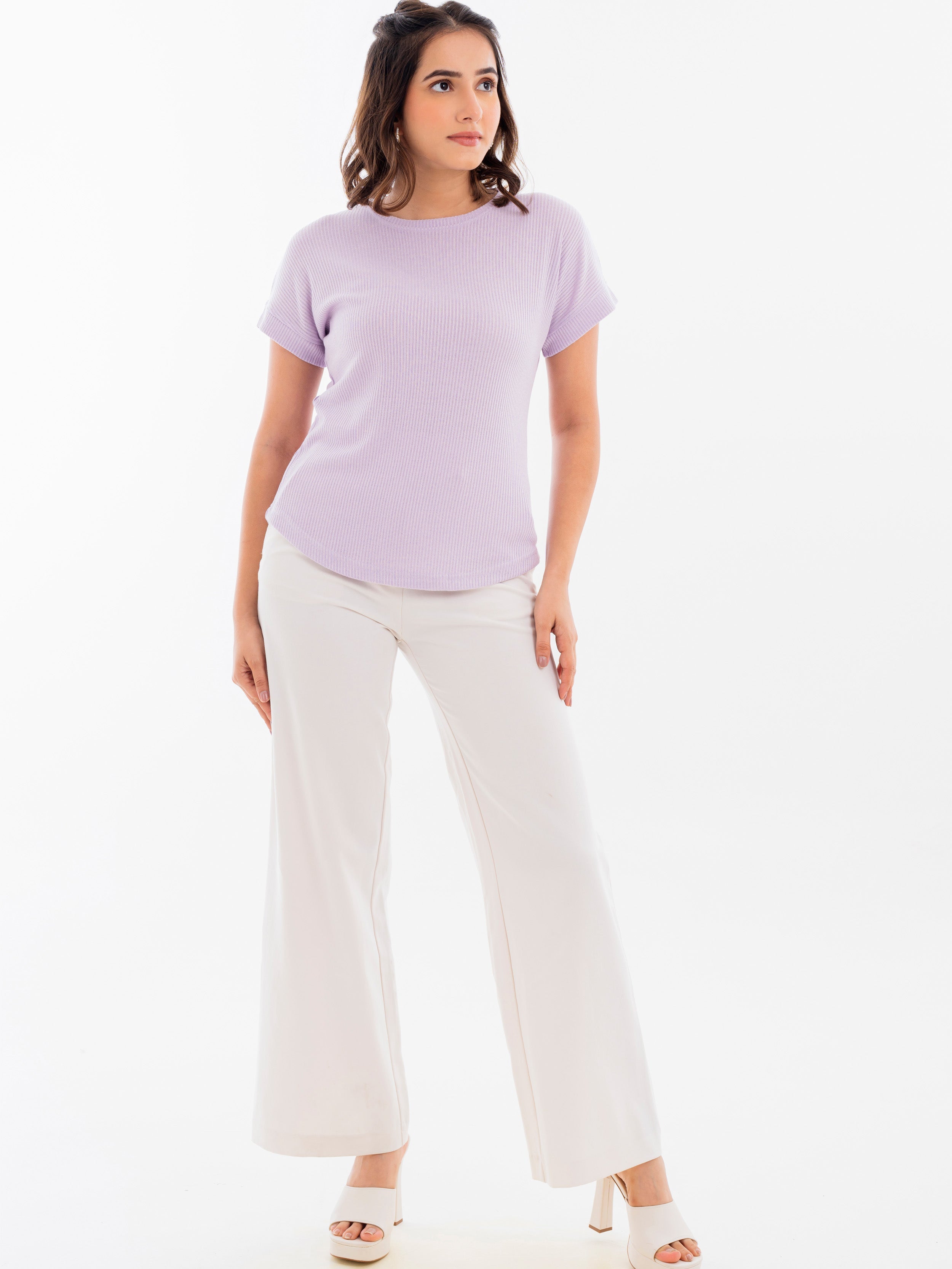 Drop Shoulder Ribbed T-Shirt Lilac Full Front