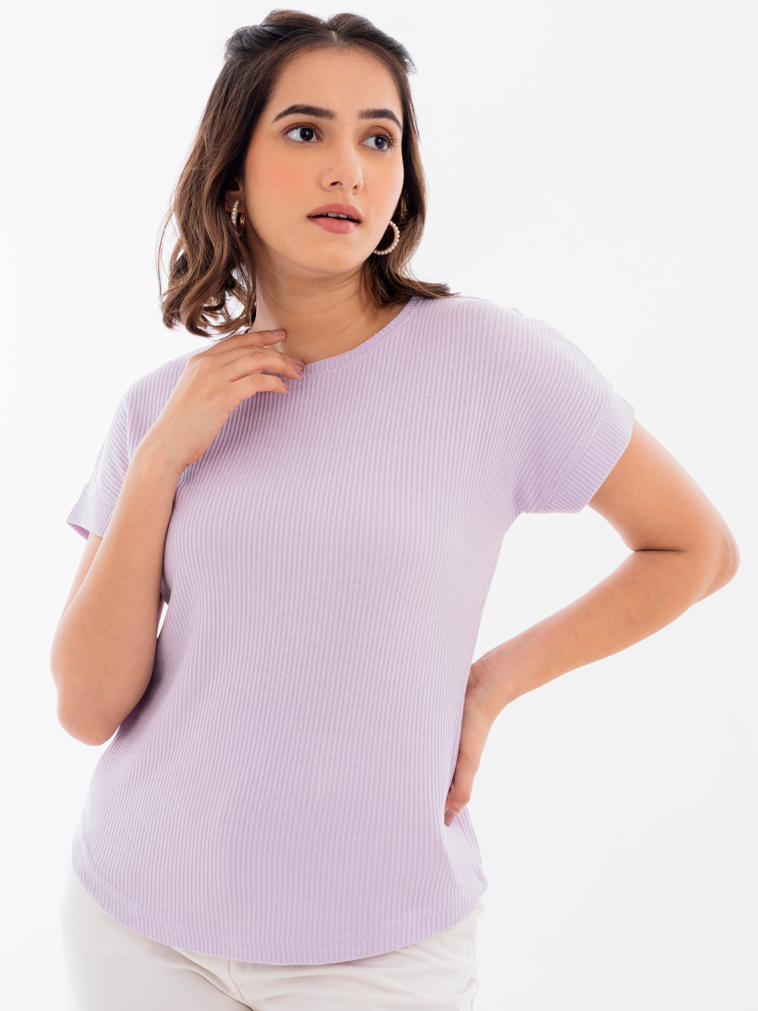 Drop Shoulder Ribbed T-Shirt Lilac Front