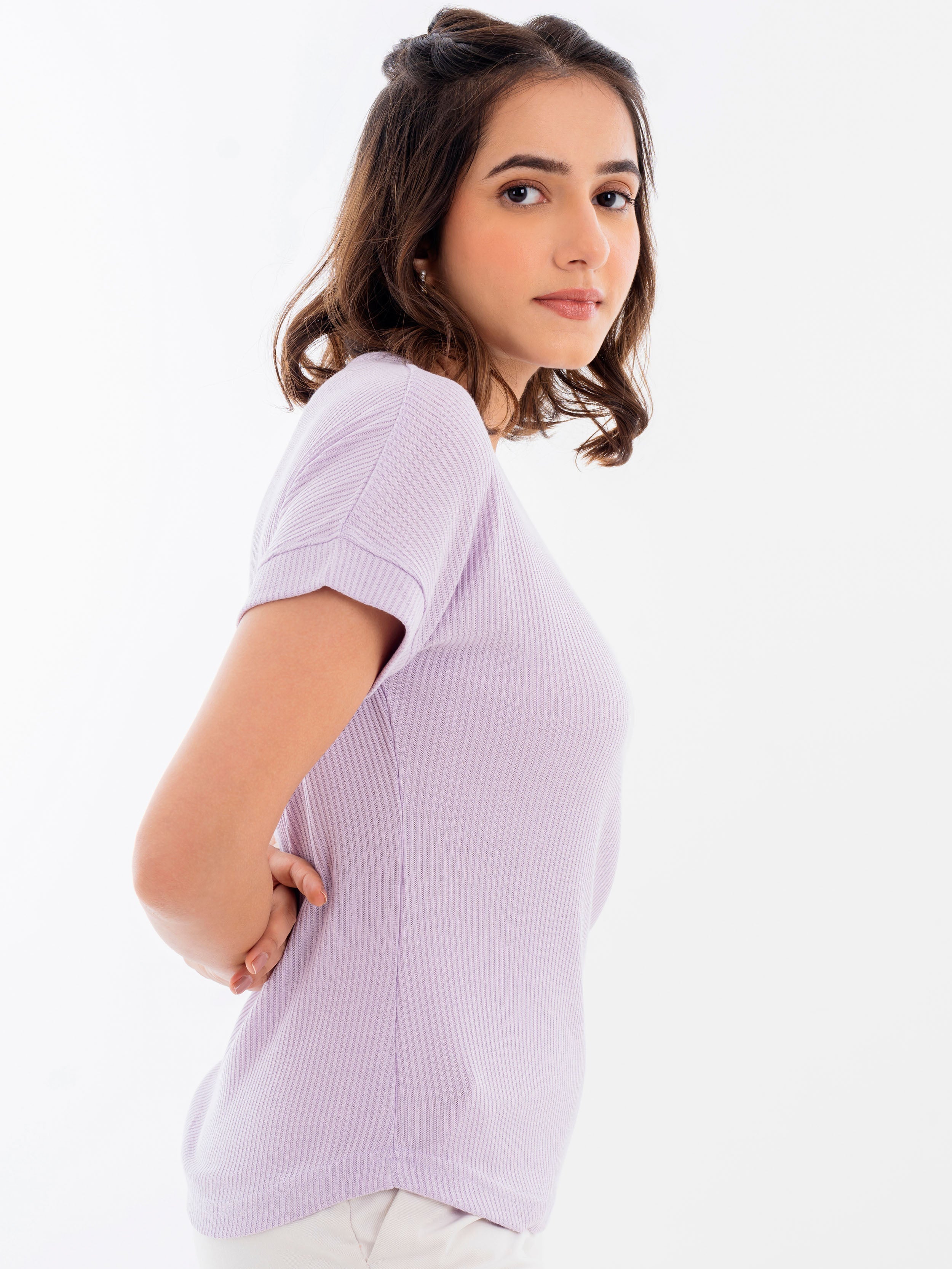 Drop Shoulder Ribbed T-Shirt Lilac Side