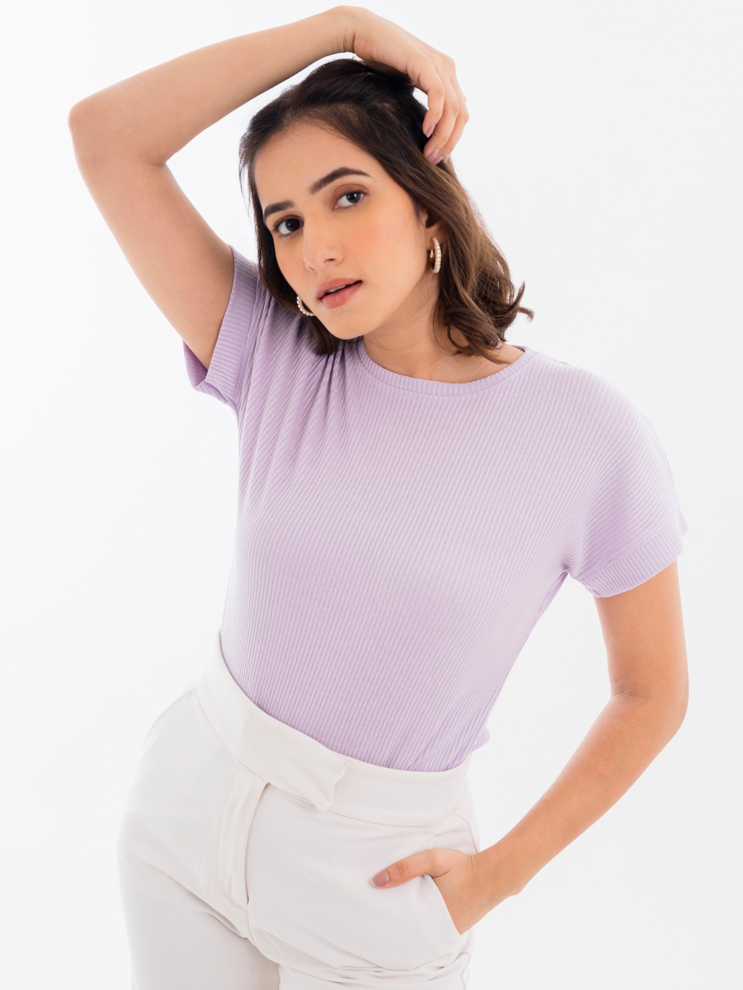 Drop Shoulder Ribbed T-Shirt Lilac Styling