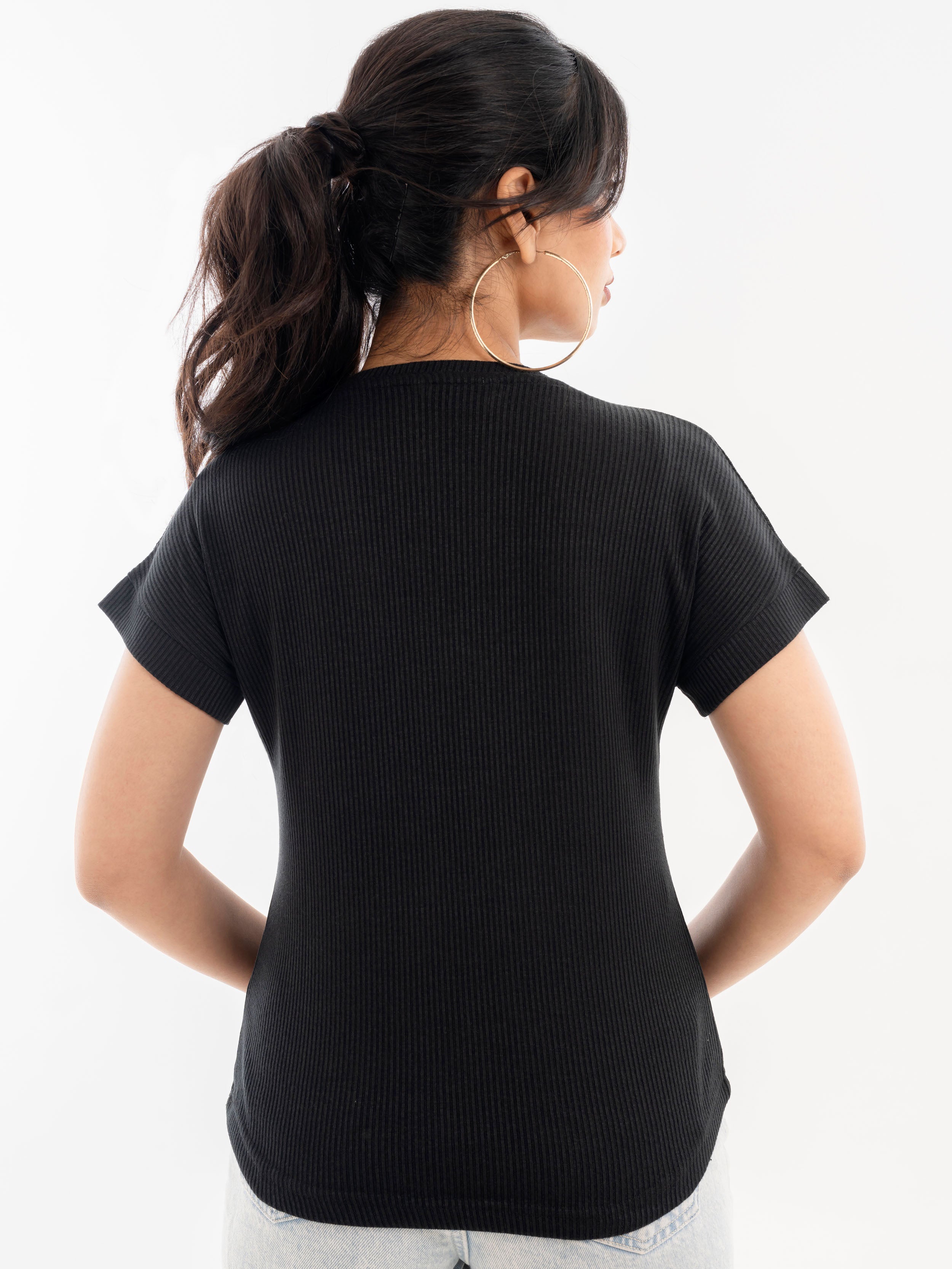 Drop Shoulder Ribbed T-Shirt Black Back