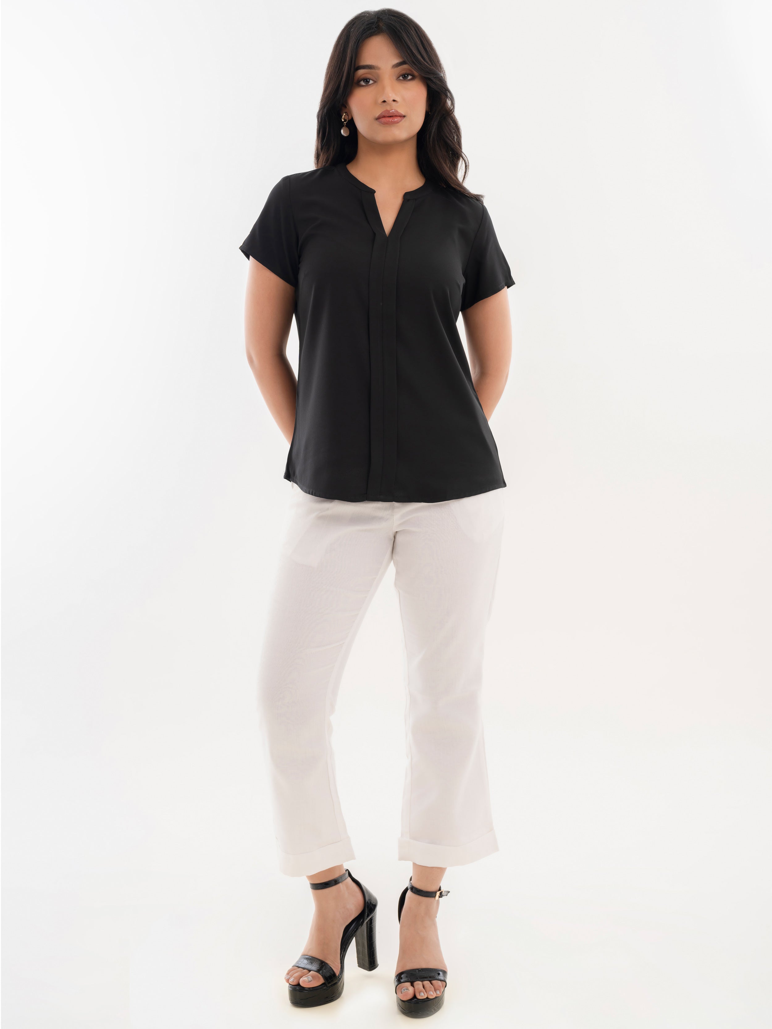 V Neck Casual Shirt Black Top Full Front