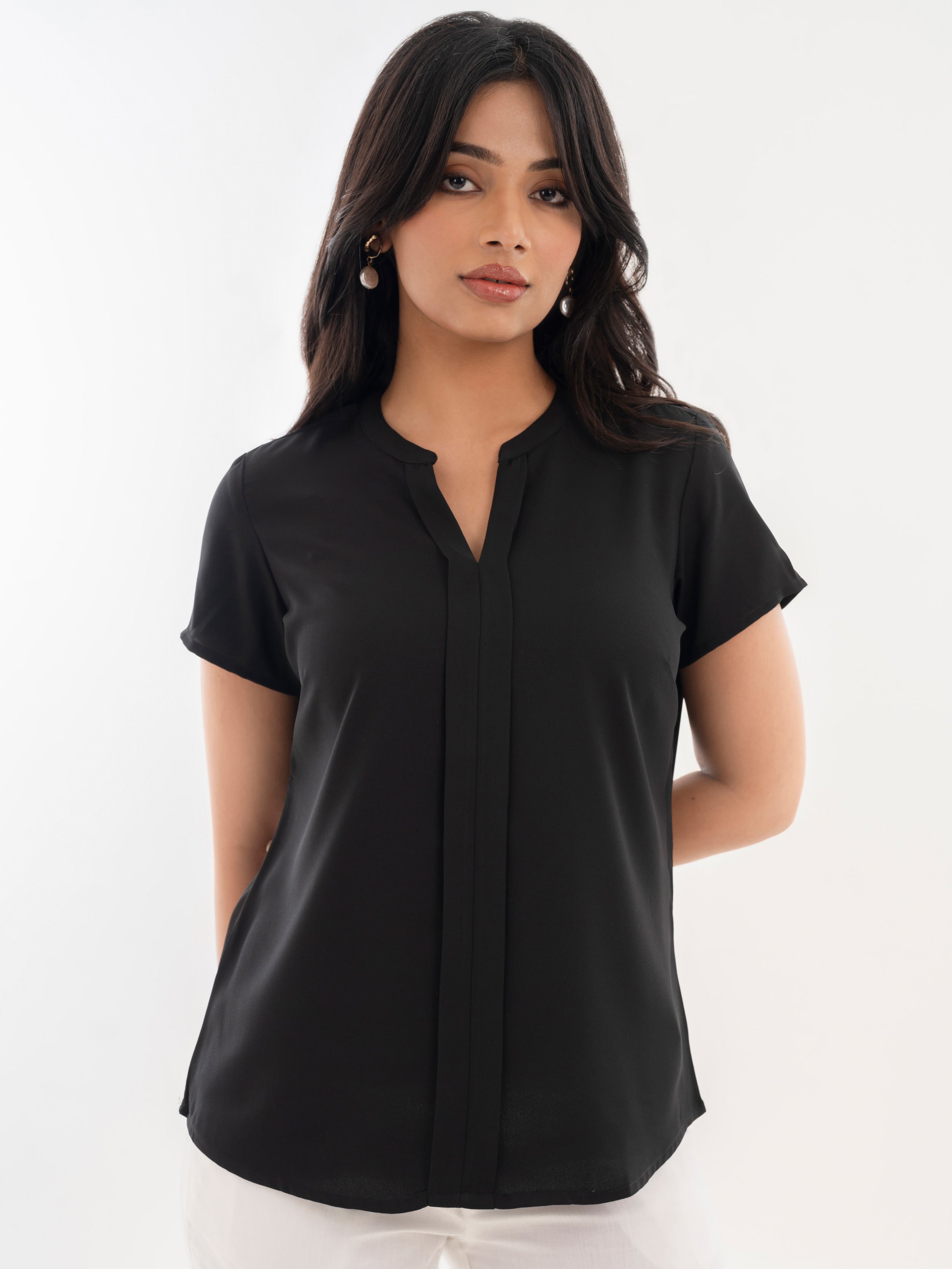 V Neck Casual Shirt Top Black Front