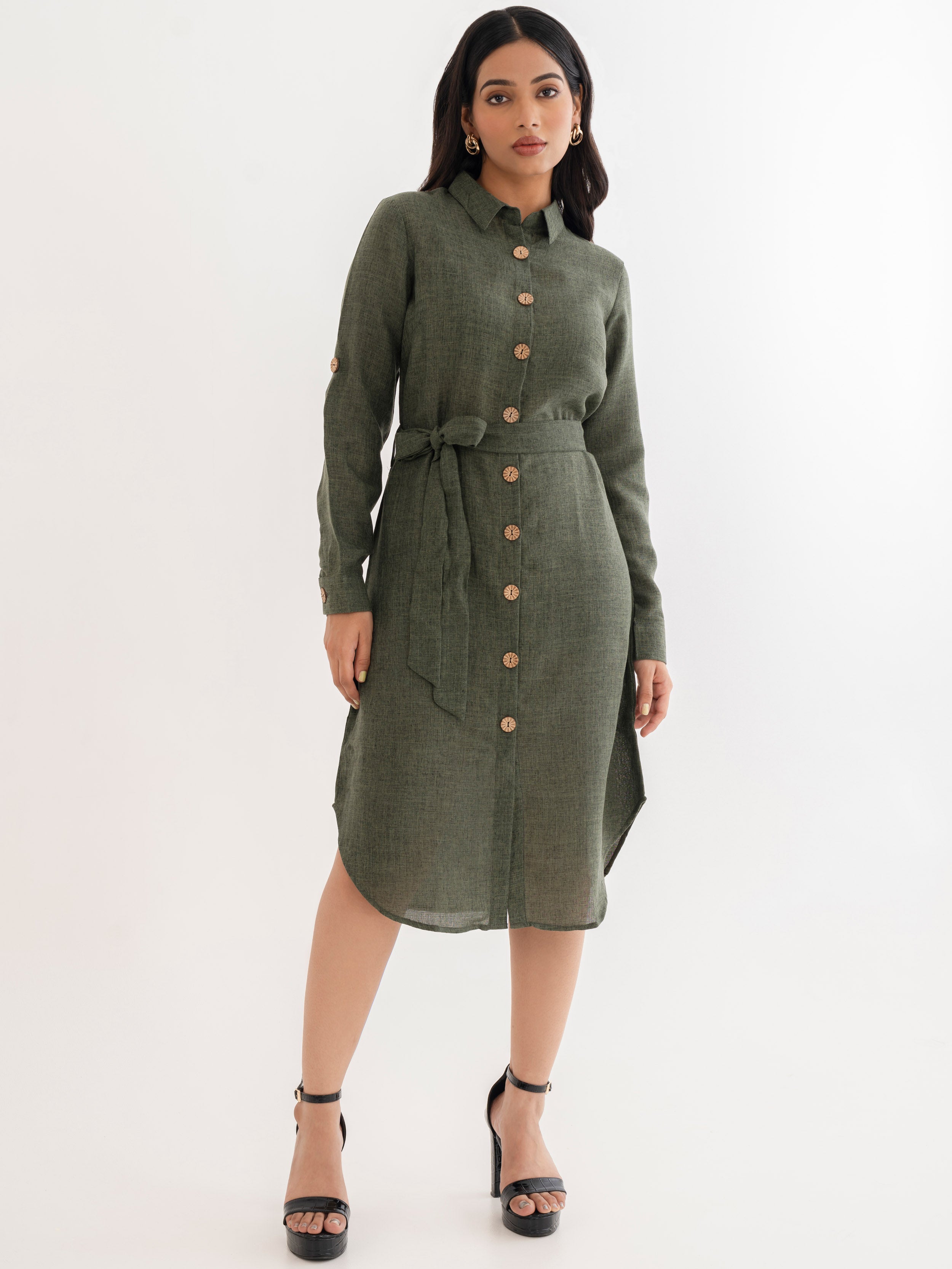 Linen Shirt Dress Forest Green Front