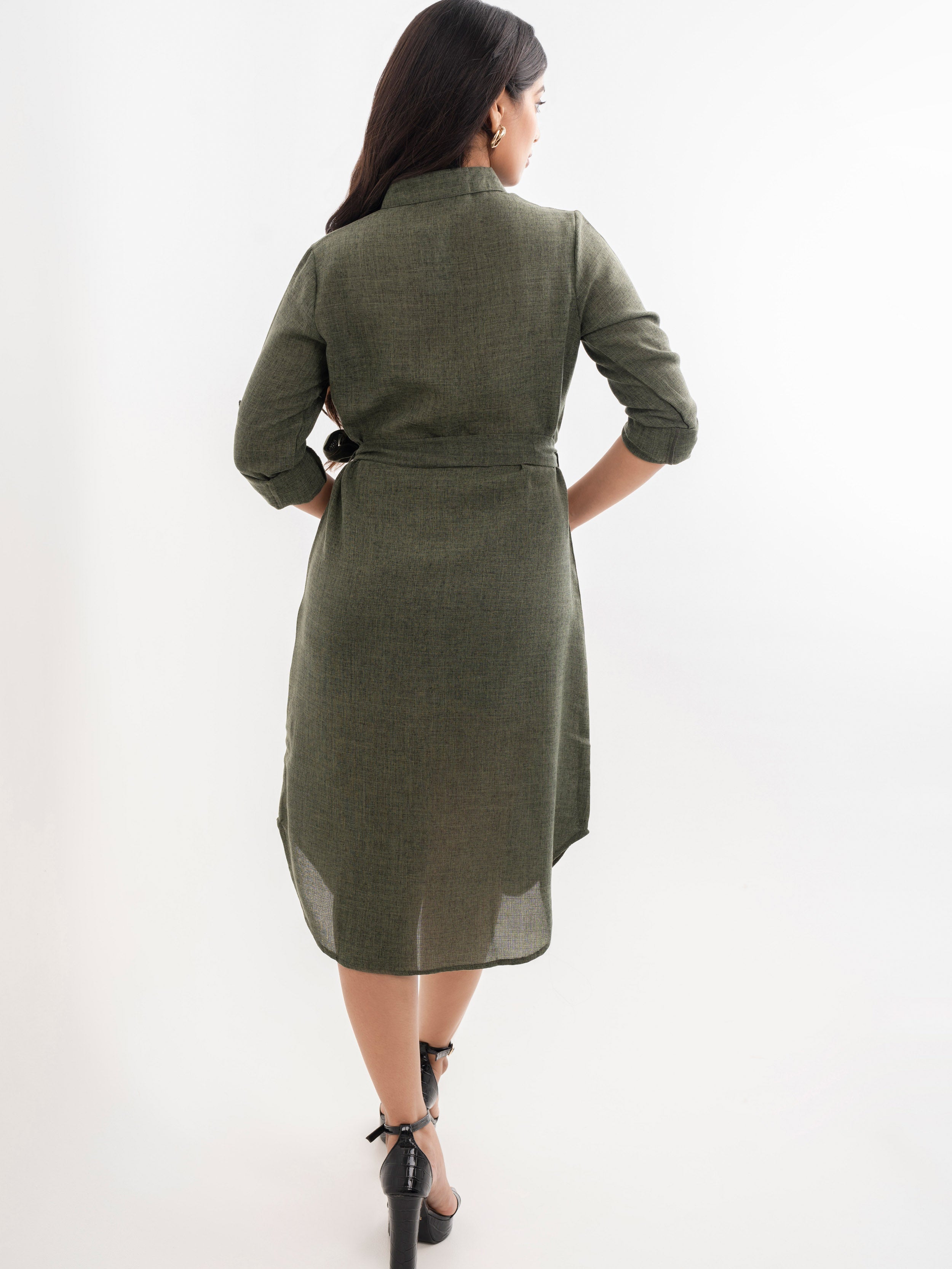 Linen Shirt Dress Forest Green Back