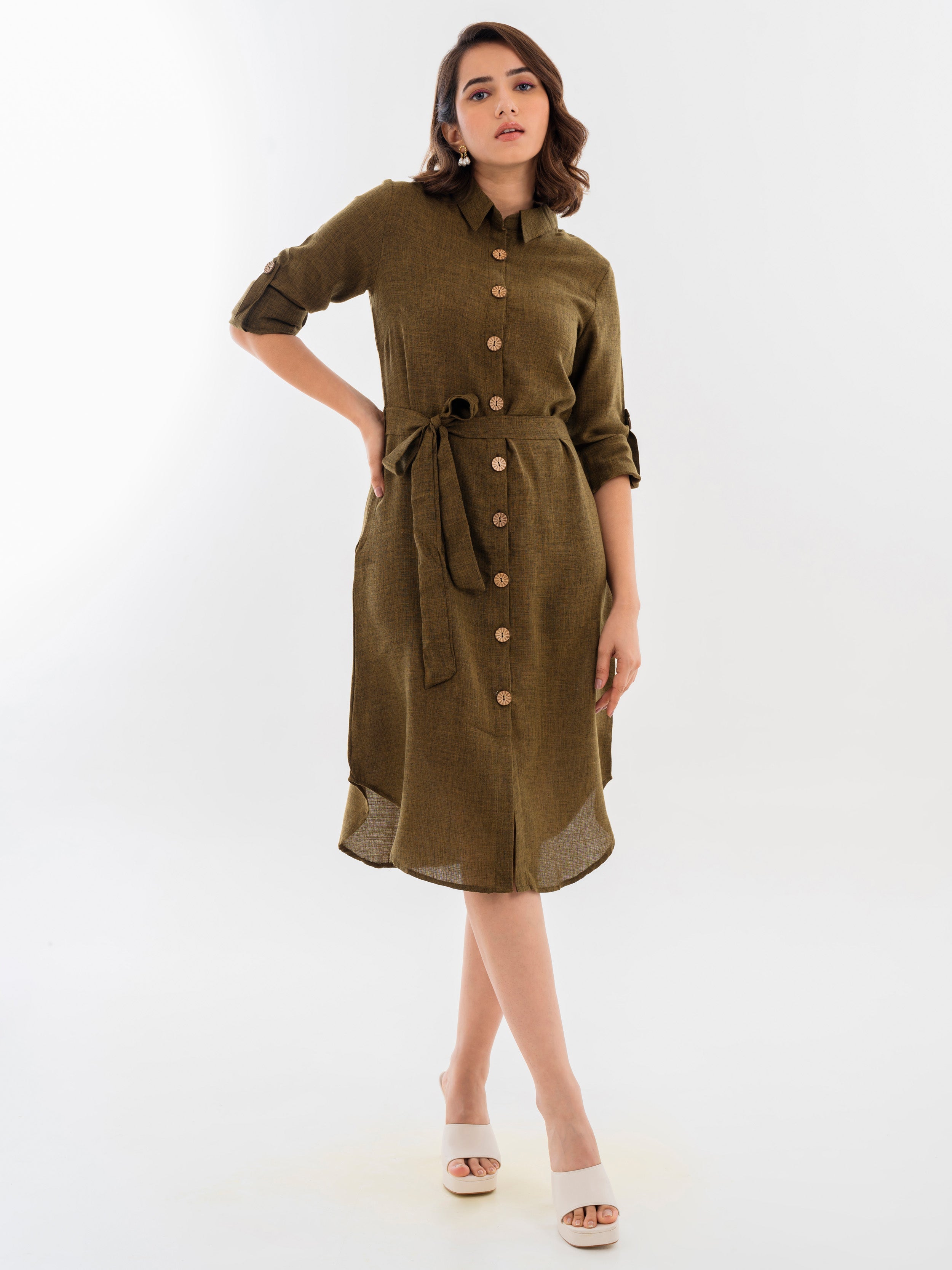 Linen Shirt Dress Golden Olive Front