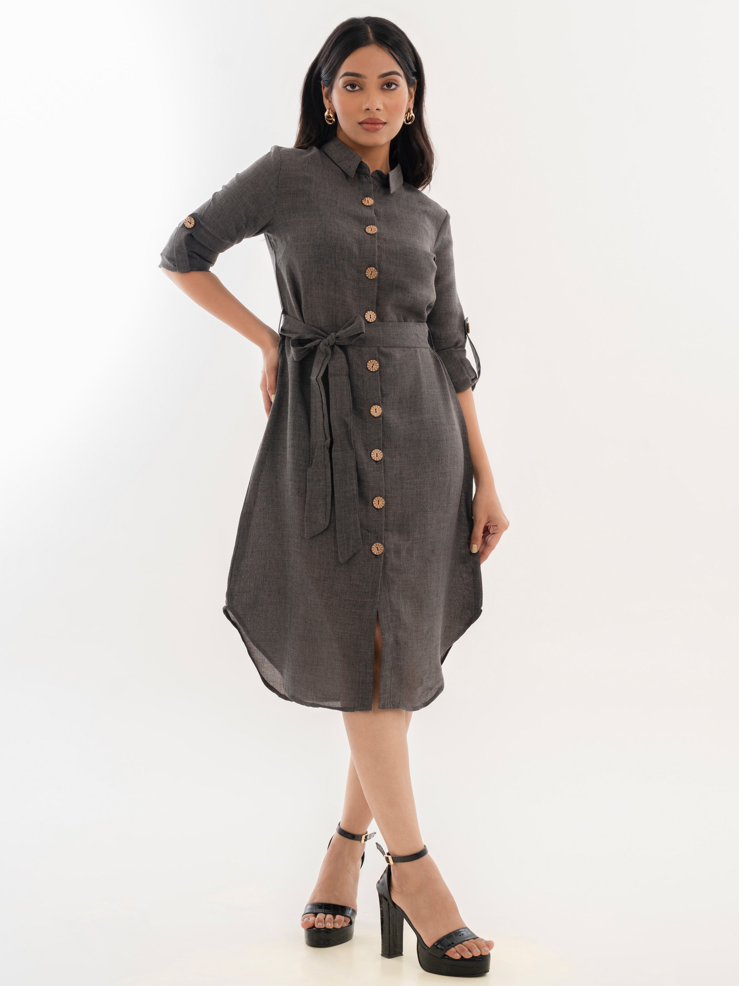 Linen Shirt Dress Grey Front