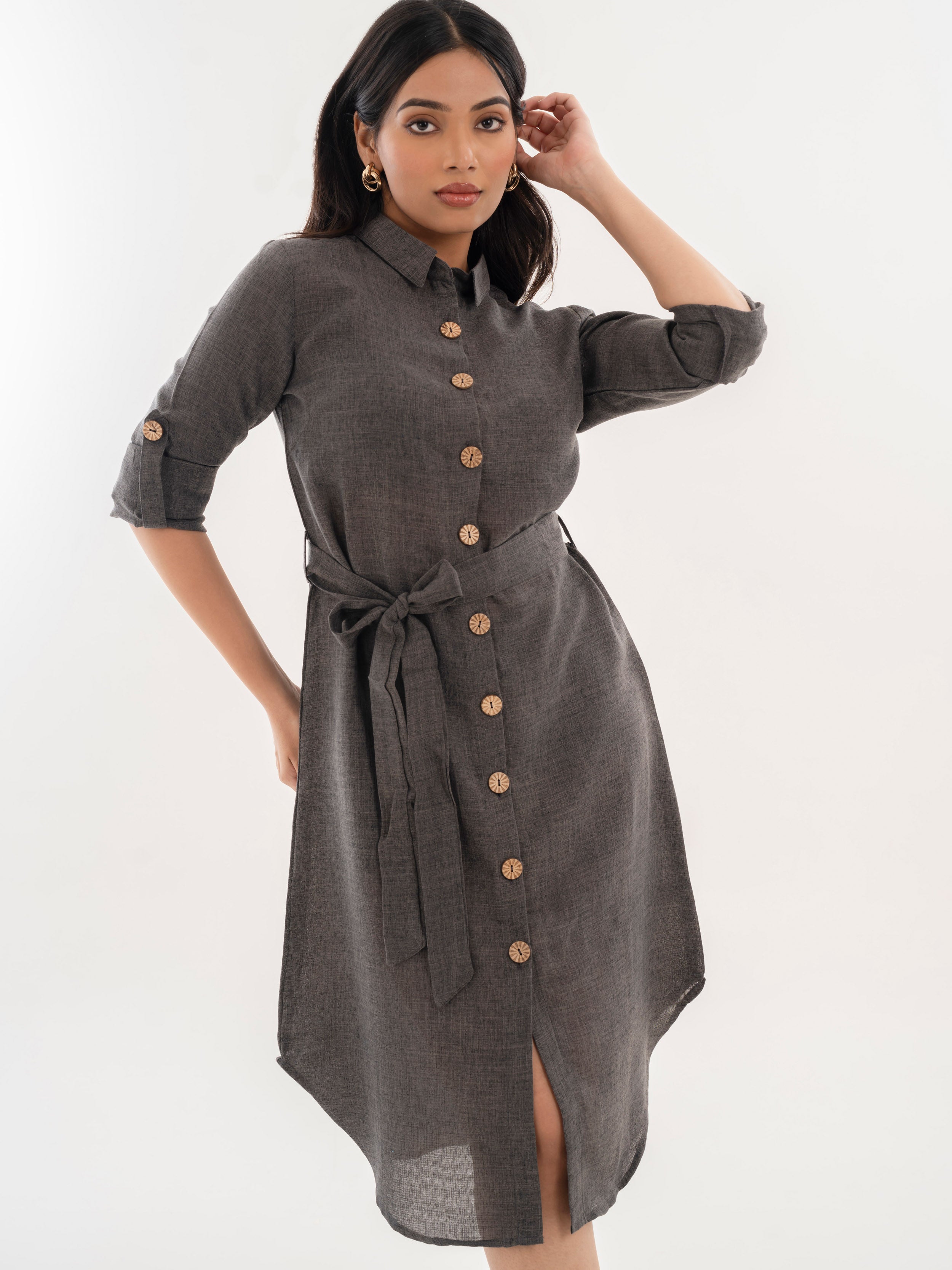 Linen Shirt Dress Grey Front