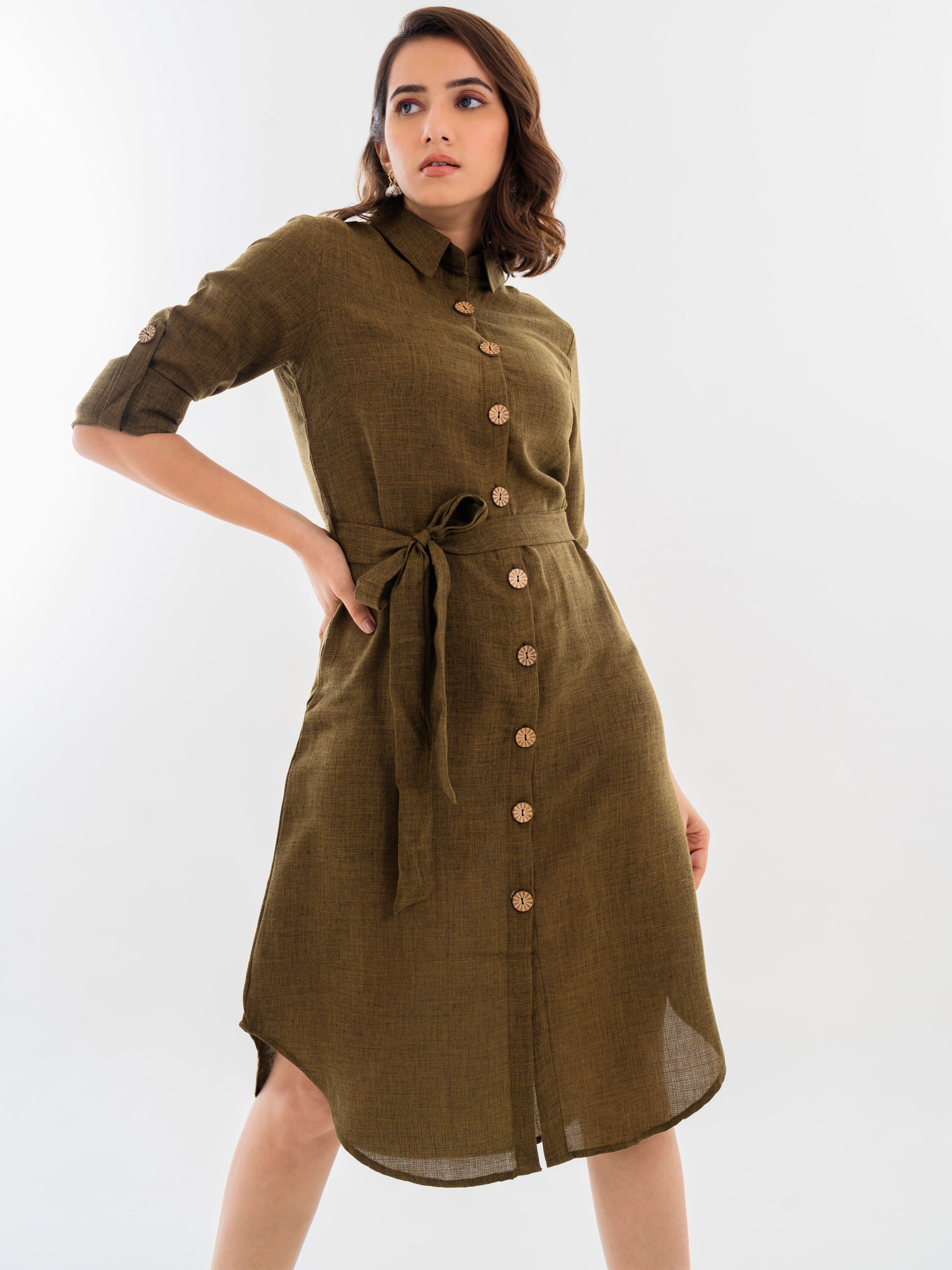 Linen Shirt Dress Golden Olive Front