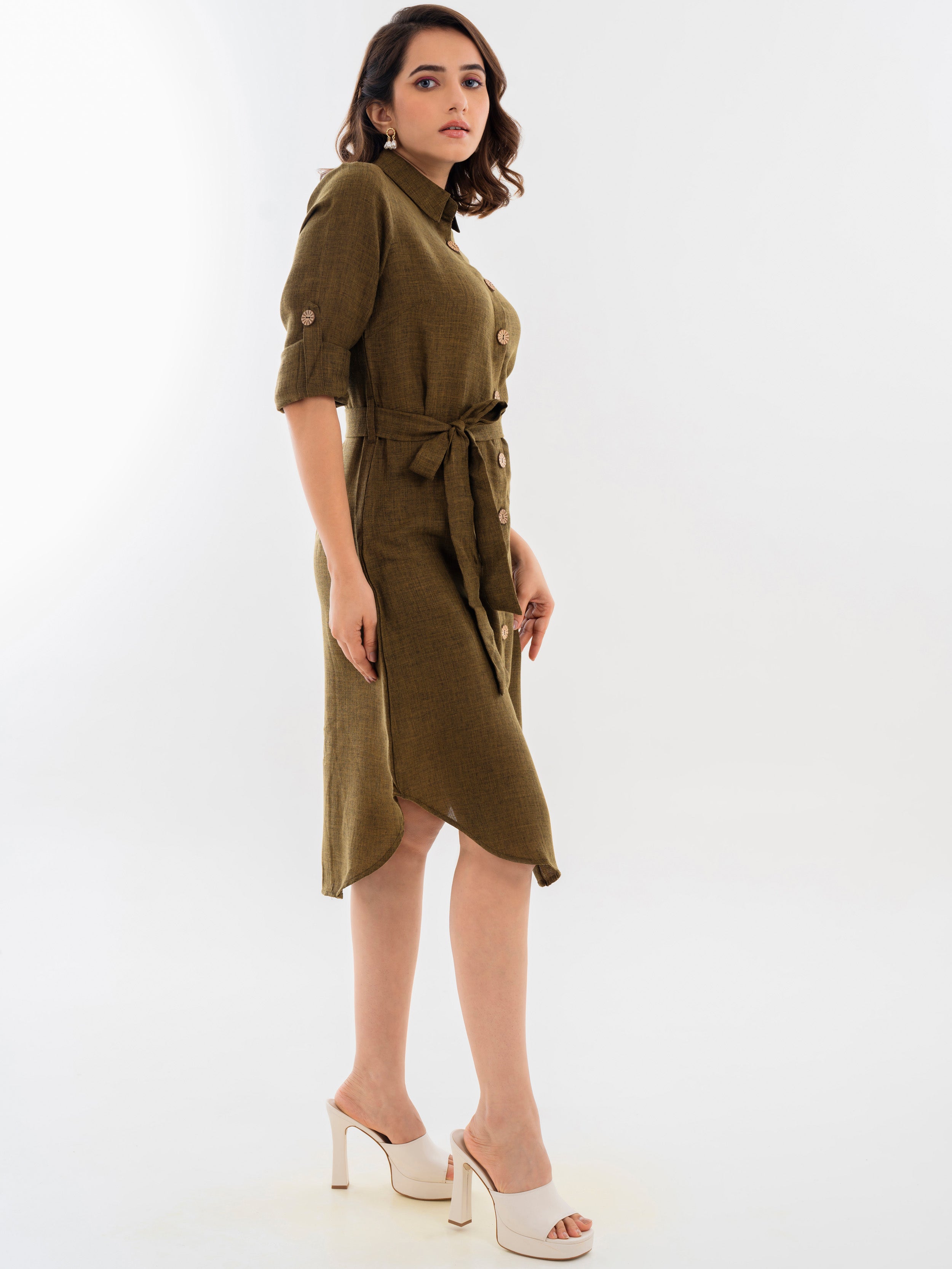 Linen Shirt Dress Golden Olive Side