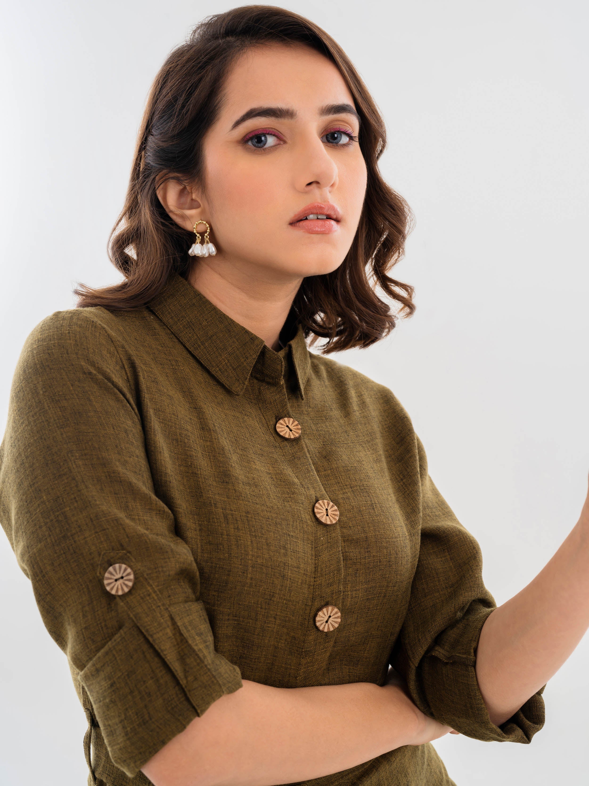 Linen Shirt Dress Golden Olive Front Detail