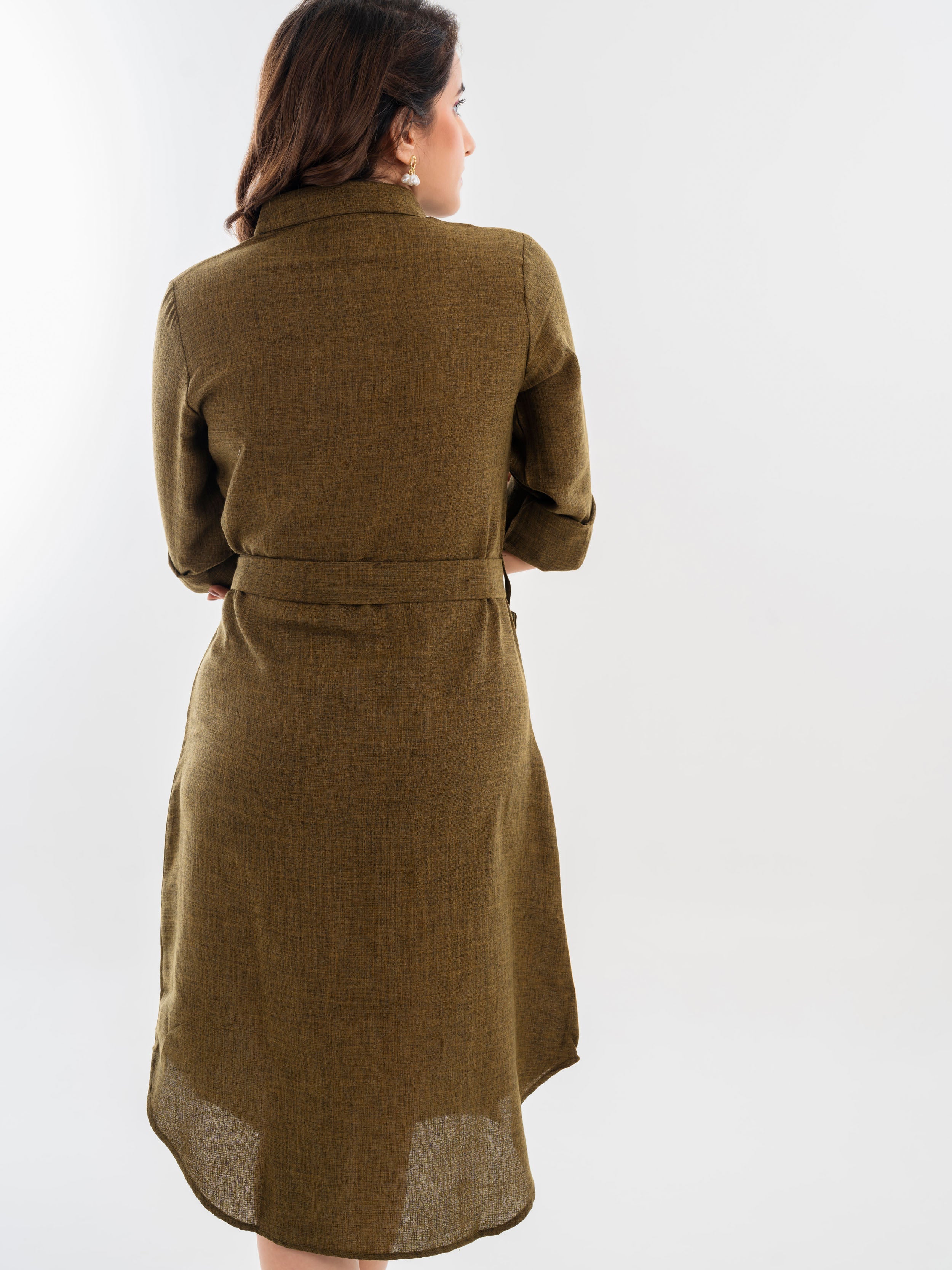 Linen Shirt Dress Golden Olive Back