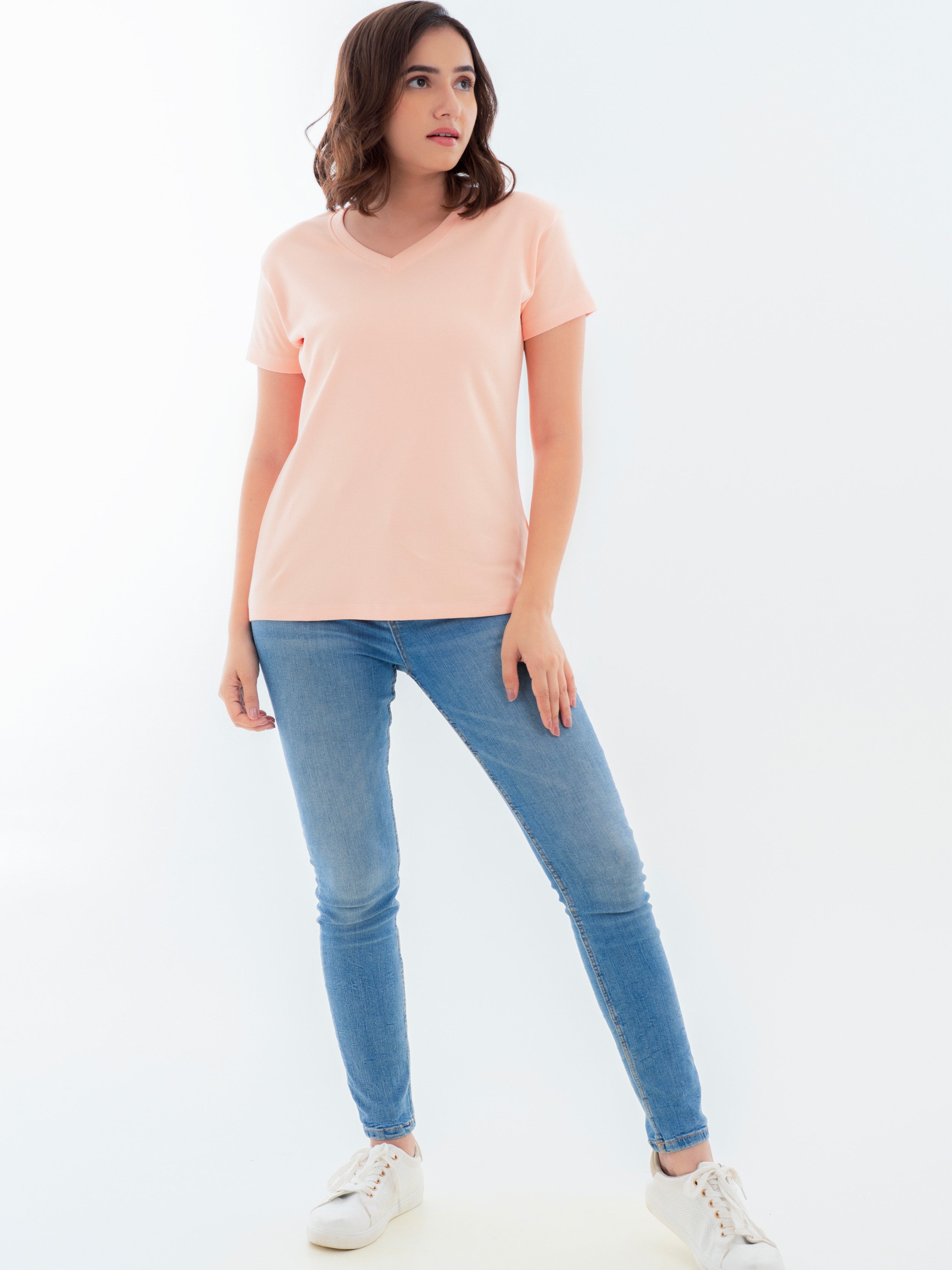 V Neck Cotton T-Shirt Peach